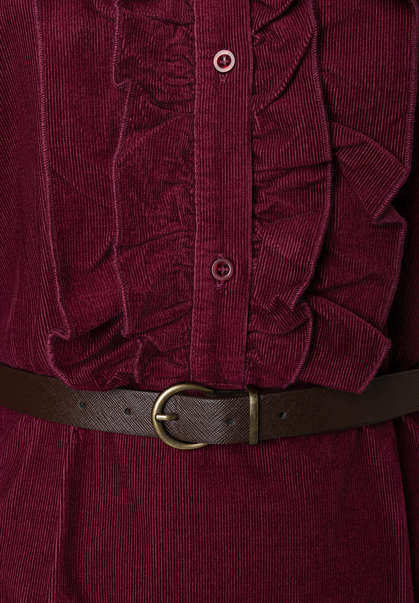MORE & MORE Cordkleid in Bordeauxrot mit Rüschen, Knopfleiste und dunkelbraunem Gürtel