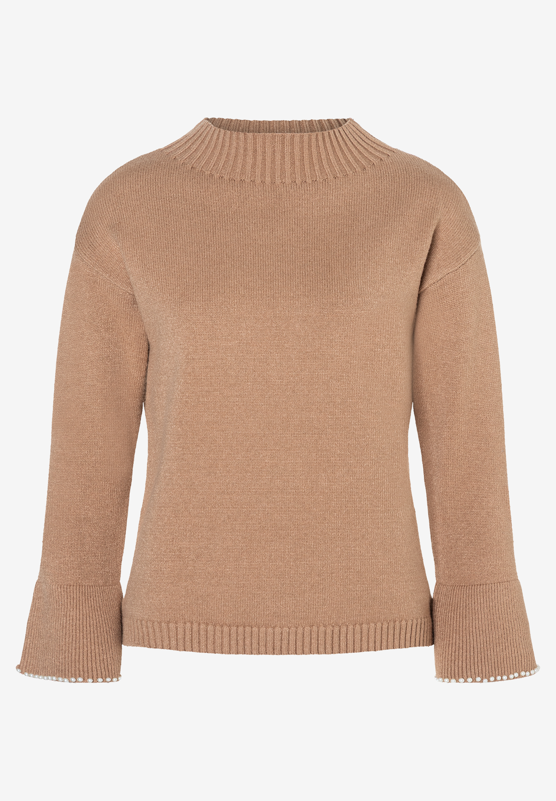 Ein ockerfarbener MORE & MORE Strickpullover mit Stehkragen und ausgestellten Ärmeln, die mit Perlen verziert sind. Ein ockerfarbener MORE & MORE Strickpullover mit Stehkragen und ausgestellten Ärmeln, die mit Perlen verziert sind.