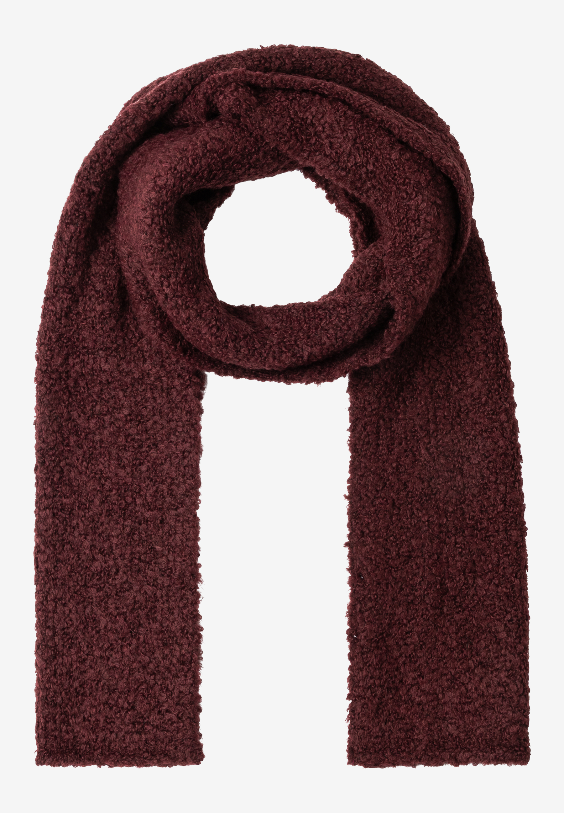 Ein bordeauxroter, grob gestrickter MORE & MORE Schal liegt geworfen, um eine Schlaufe zu bilden. Ein bordeauxroter, grob gestrickter MORE & MORE Schal liegt geworfen, um eine Schlaufe zu bilden.