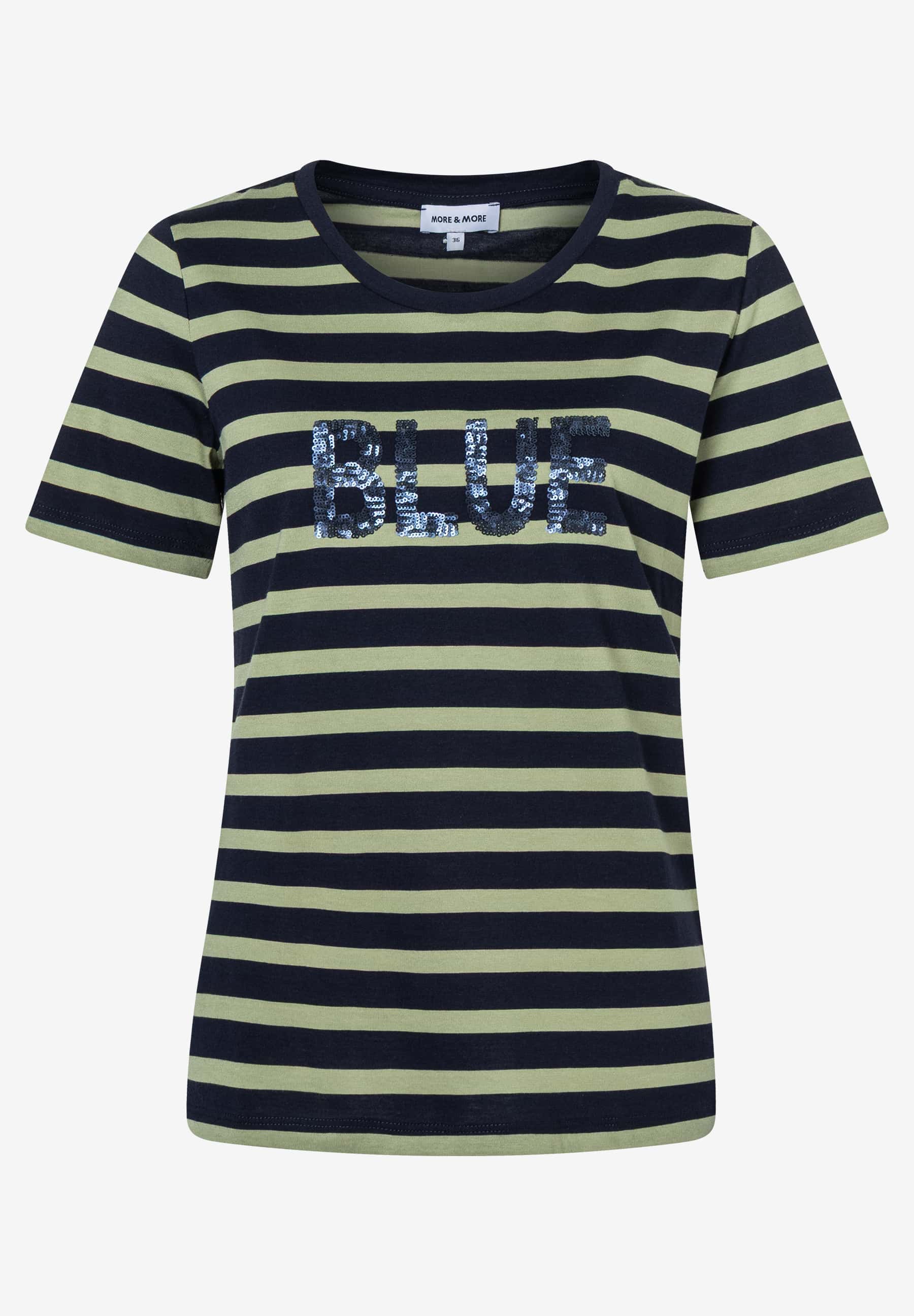 Ein gestreiftes MORE & MORE Jersey-Top mit blau glitzerndem "BLUE" Schriftzug auf der Brust. Ein gestreiftes MORE & MORE Jersey-Top mit blau glitzerndem "BLUE" Schriftzug auf der Brust.
