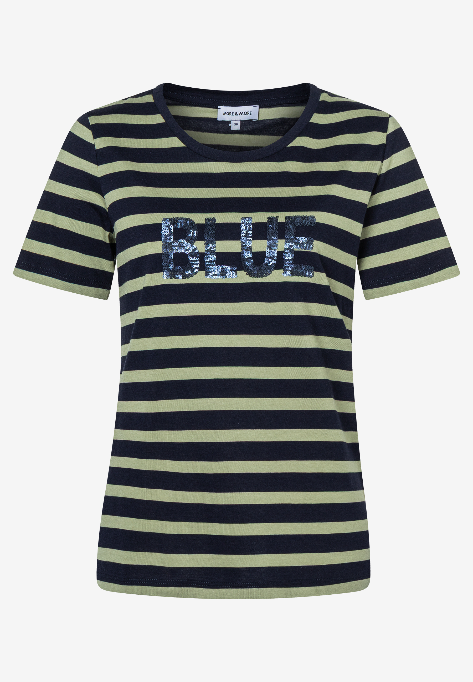 Ein gestreiftes MORE & MORE Jersey-Top mit blau glitzerndem "BLUE" Schriftzug auf der Brust. Ein gestreiftes MORE & MORE Jersey-Top mit blau glitzerndem "BLUE" Schriftzug auf der Brust.