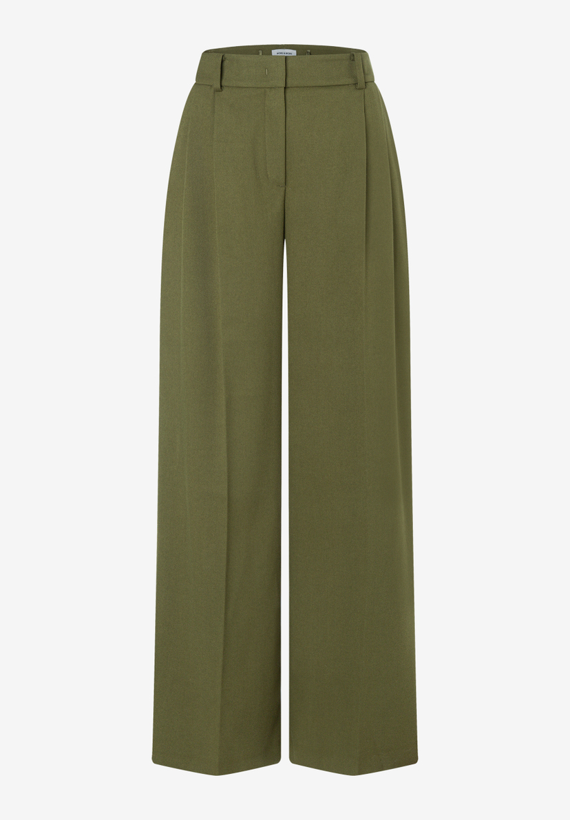 MORE & MORE grüne Jeanshose mit weitem Bein, Bundfalten und Bund. Hochwertige Stoffhose aus Leinen in Beige. MORE & MORE grüne Jeanshose mit weitem Bein, Bundfalten und Bund. Hochwertige Stoffhose aus Leinen in Beige.