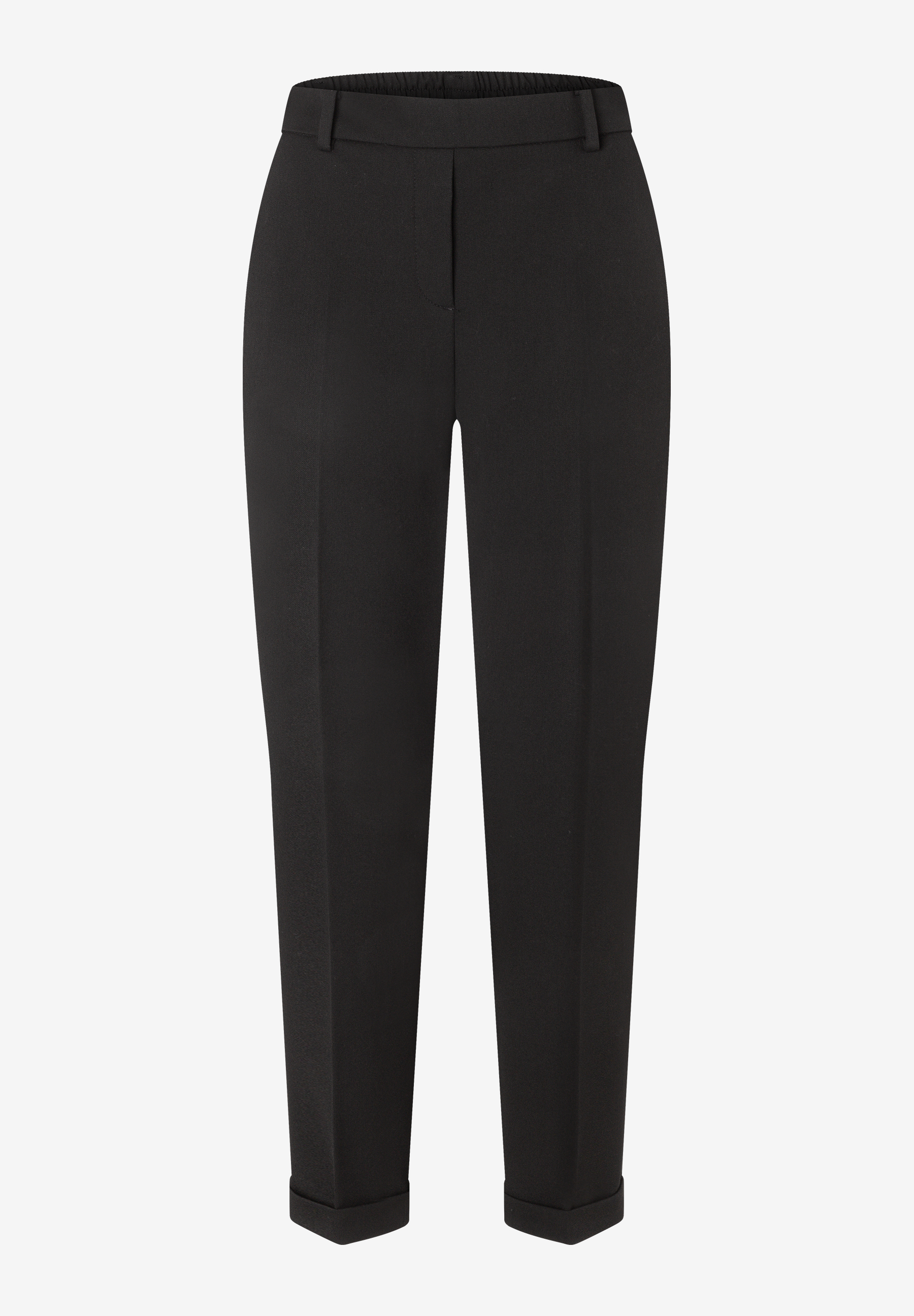 MORE & MORE schwarze Cropped-Jeans aus Twill für Damen mit Bundfalten und umgeschlagenen Säumen.