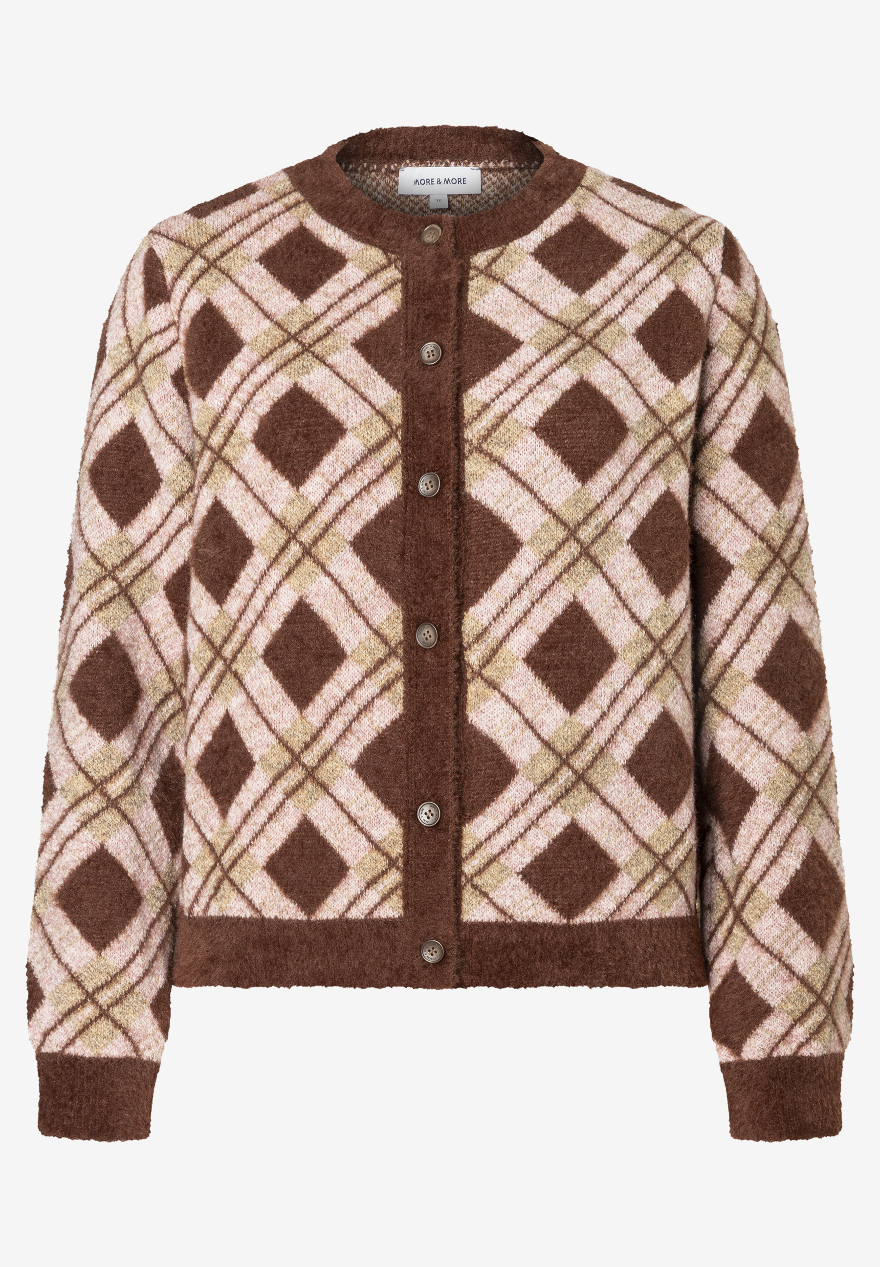 MORE & MORE Pullover im Argyle-Muster: Eine braun-rosafarbene Strickjacke mit Karos und Knöpfen für stilvolle Wärme.