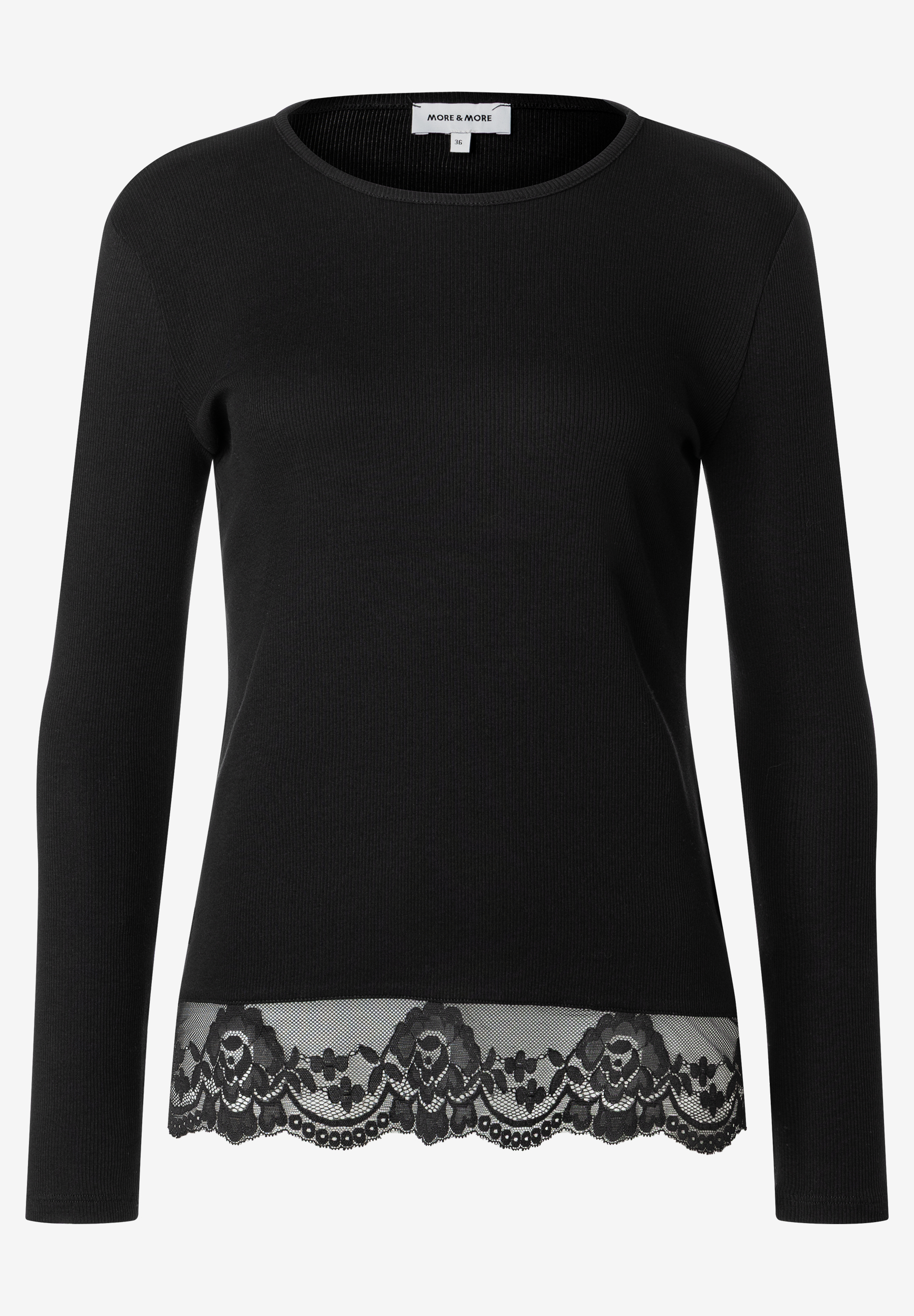 MORE & MORE Rippstrick-Shirt in Schwarz mit Spitzenborte am Saum