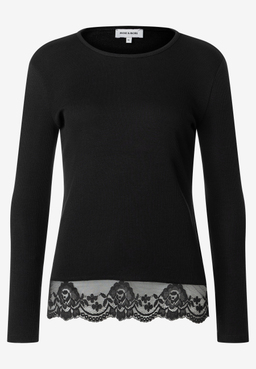 MORE & MORE Rippstrick-Shirt in Schwarz mit Spitzenborte am Saum
