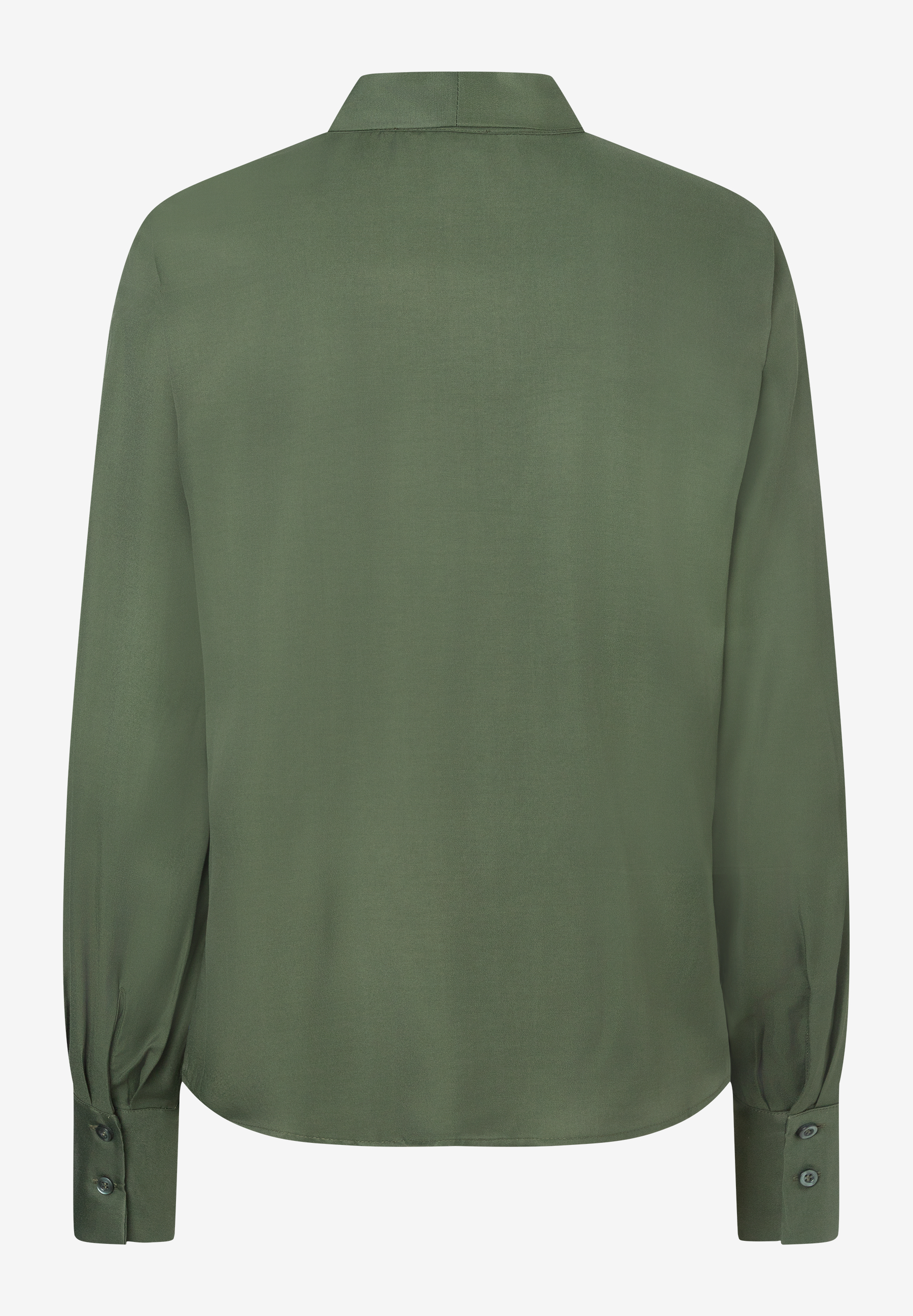 MORE & MORE Damenbluse in Khaki mit langen Ärmeln und Knopfmanschetten, Rückansicht.