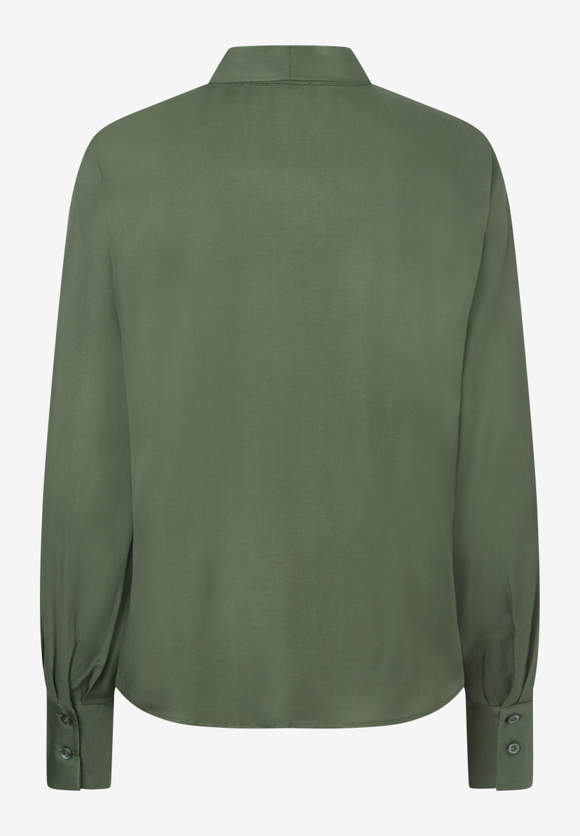 MORE & MORE Damenbluse in Khaki mit langen Ärmeln und Knopfmanschetten, Rückansicht. MORE & MORE Damenbluse in Khaki mit langen Ärmeln und Knopfmanschetten, Rückansicht.