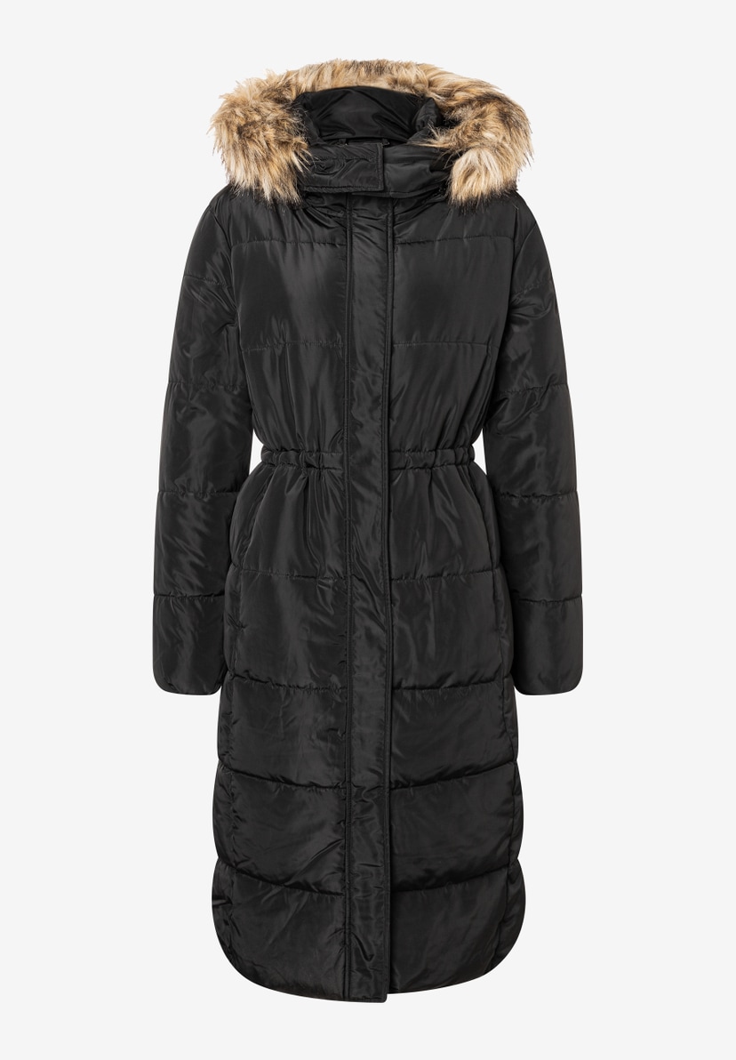 Eine schwarze, lange Webware-Jacke von MORE & MORE mit Kapuze und Fellbesatz, die wärmend ist. Eine schwarze, lange Webware-Jacke von MORE & MORE mit Kapuze und Fellbesatz, die wärmend ist.