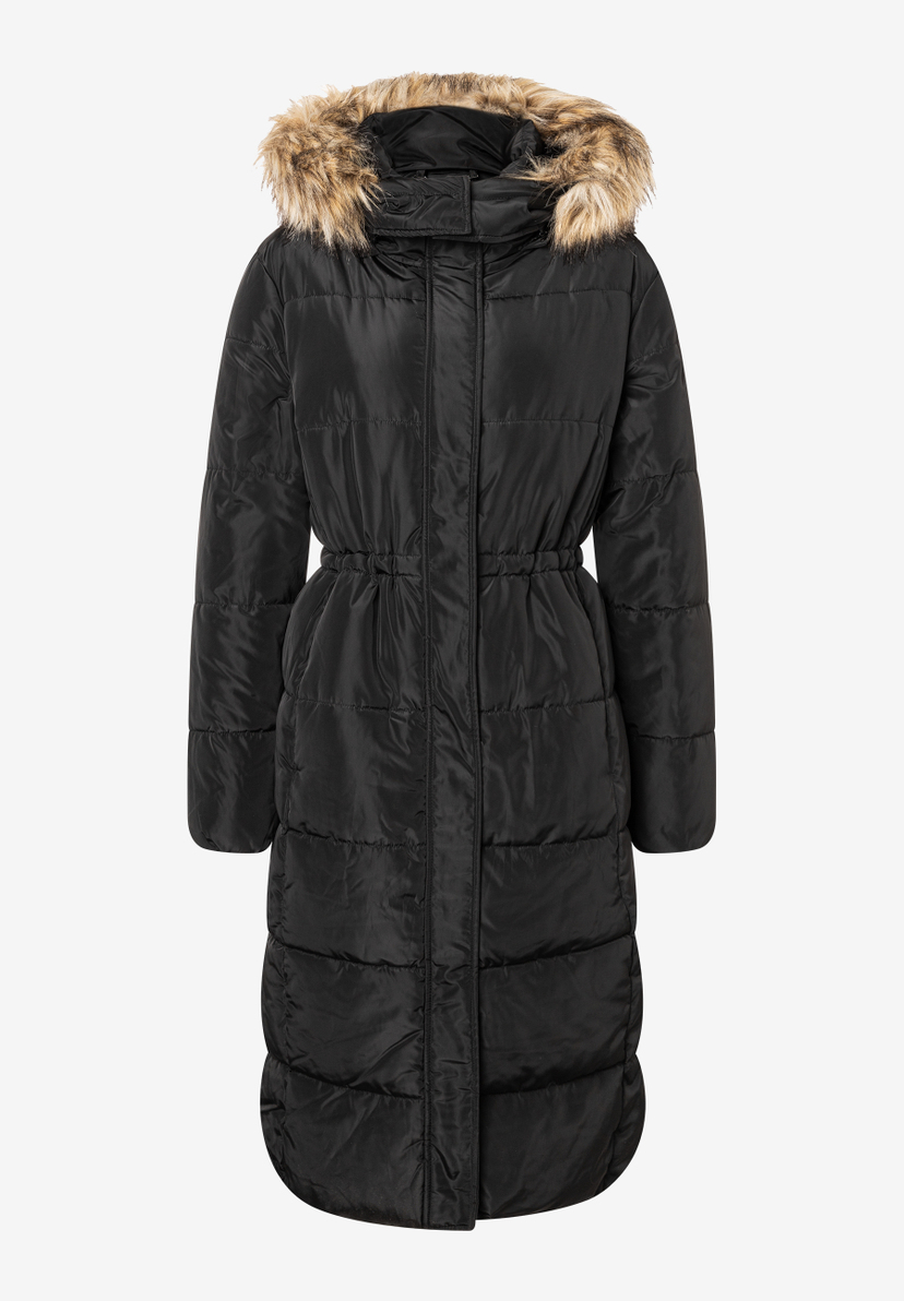 Eine schwarze, lange Webware-Jacke von MORE & MORE mit Kapuze und Fellbesatz, die wärmend ist. Eine schwarze, lange Webware-Jacke von MORE & MORE mit Kapuze und Fellbesatz, die wärmend ist.