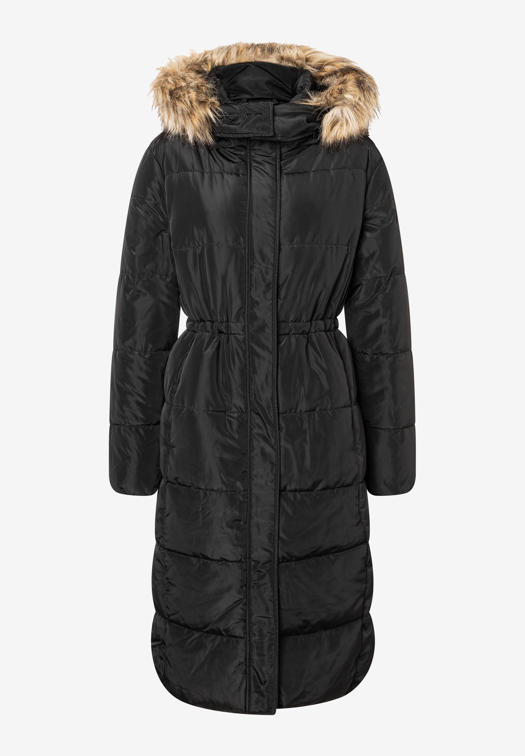 Eine schwarze, lange Webware-Jacke von MORE & MORE mit Kapuze und Fellbesatz, die wärmend ist.