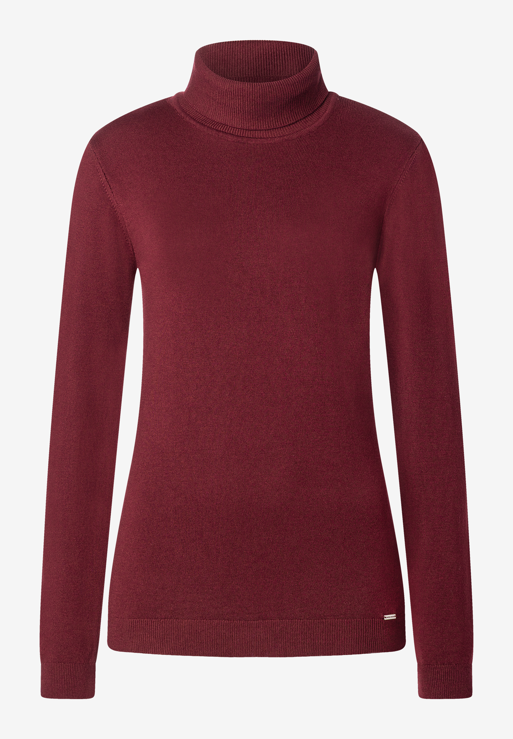 MORE & MORE Damen Rollkragenpullover in Bordeauxrot, Langarm, schmale Passform, gerippter Kragen und Bündchen.