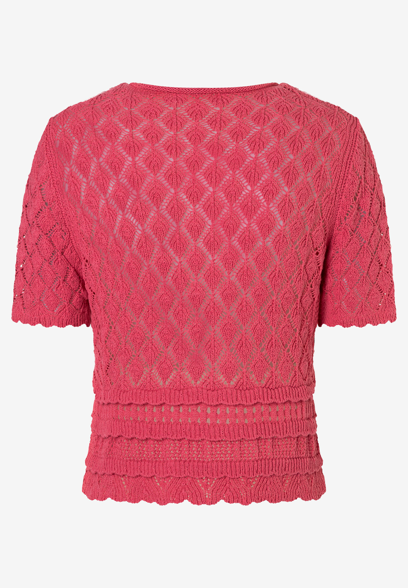 Ein rosafarbenes, leicht transparentes Strickoberteil von MORE & MORE mit kurzen Ärmeln und Lochstrickmuster. Ein rosafarbenes, leicht transparentes Strickoberteil von MORE & MORE mit kurzen Ärmeln und Lochstrickmuster.