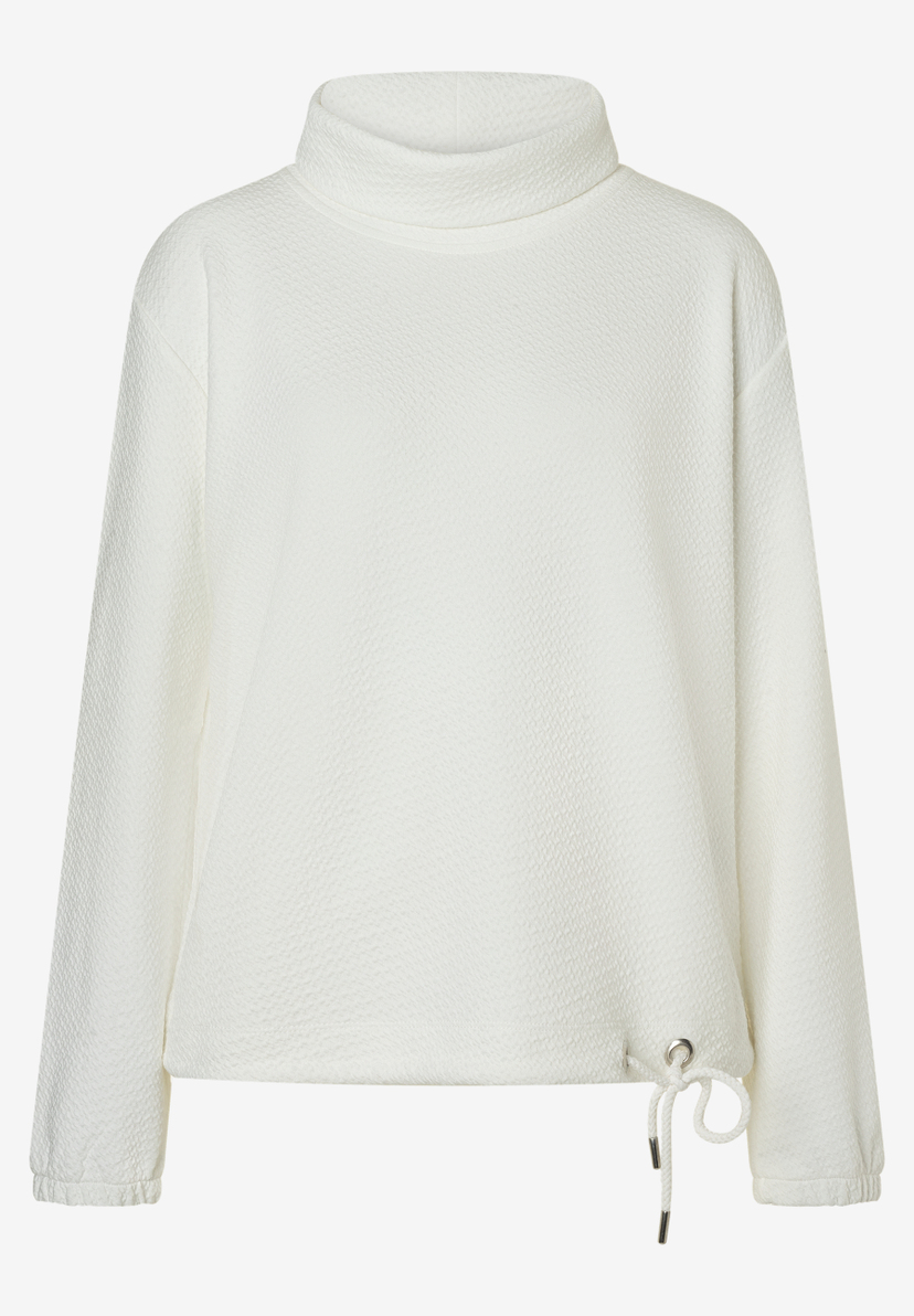 MORE & MORE Damen-Sweatshirt in Offwhite, mit Rautenmuster, hochgeschlossenem Kragen und Kordelzug am Saum.
