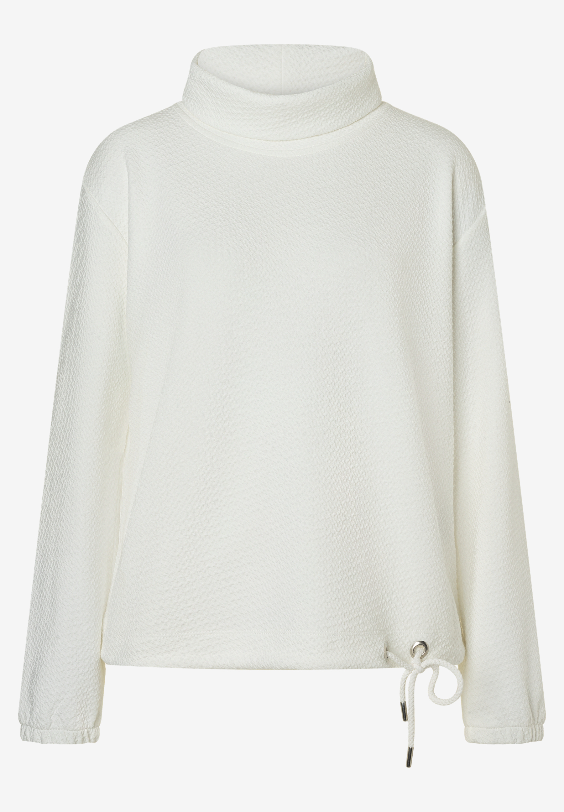 MORE & MORE Damen-Sweatshirt in Offwhite, mit Rautenmuster, hochgeschlossenem Kragen und Kordelzug am Saum. MORE & MORE Damen-Sweatshirt in Offwhite, mit Rautenmuster, hochgeschlossenem Kragen und Kordelzug am Saum.