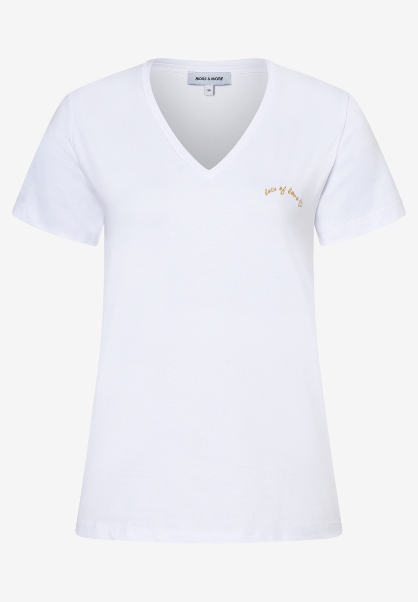 MORE & MORE weißes Jersey-T-Shirt mit V-Ausschnitt, goldenem "lots of love"-Schriftzug, kurzärmlig, hautfreundlich und elastisch. MORE & MORE weißes Jersey-T-Shirt mit V-Ausschnitt, goldenem "lots of love"-Schriftzug, kurzärmlig, hautfreundlich und elastisch.