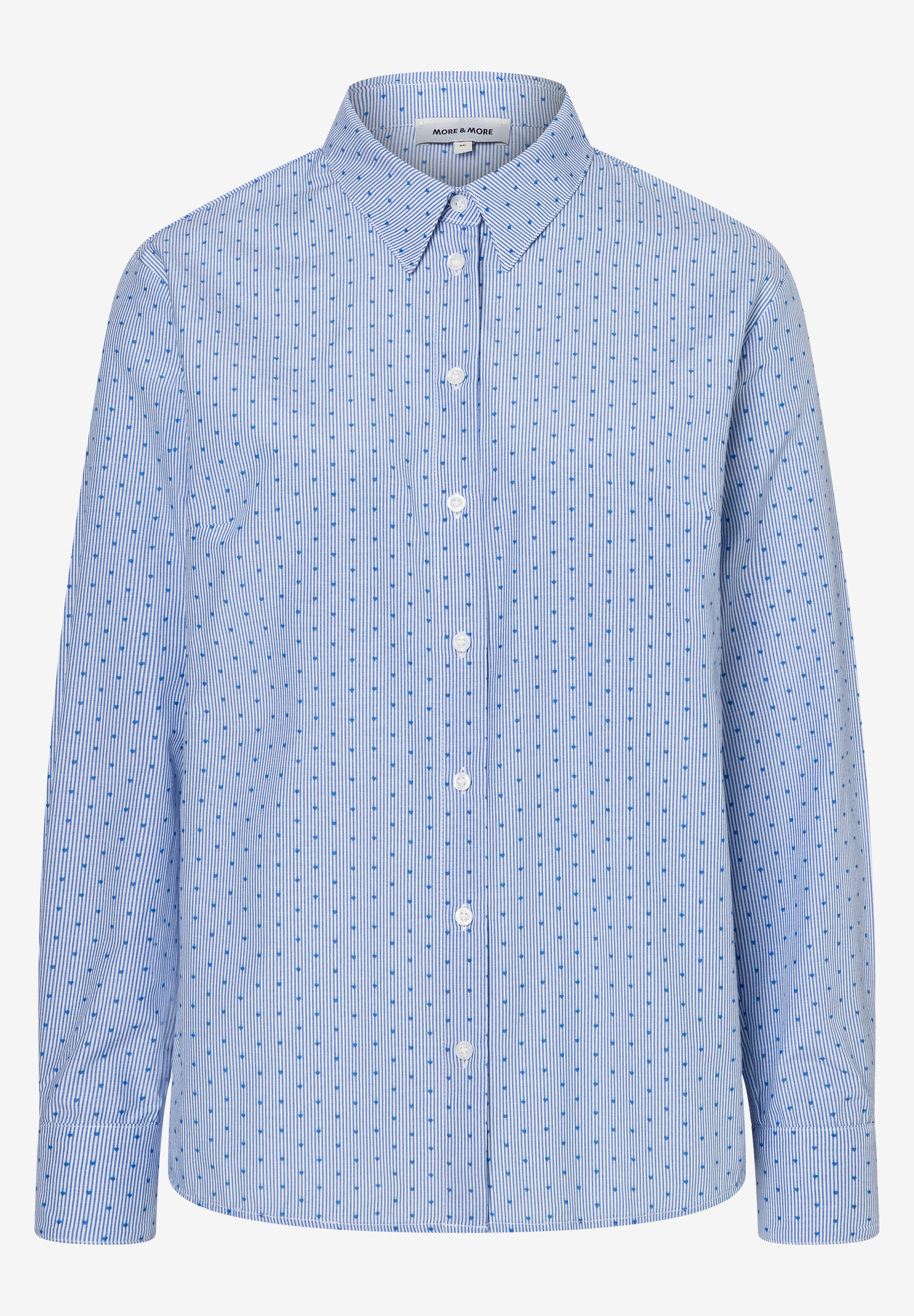 Eine MORE & MORE Bluse mit schmalen, blauen Streifen und kleinen Herzchen-Punkten. Eine MORE & MORE Bluse mit schmalen, blauen Streifen und kleinen Herzchen-Punkten.