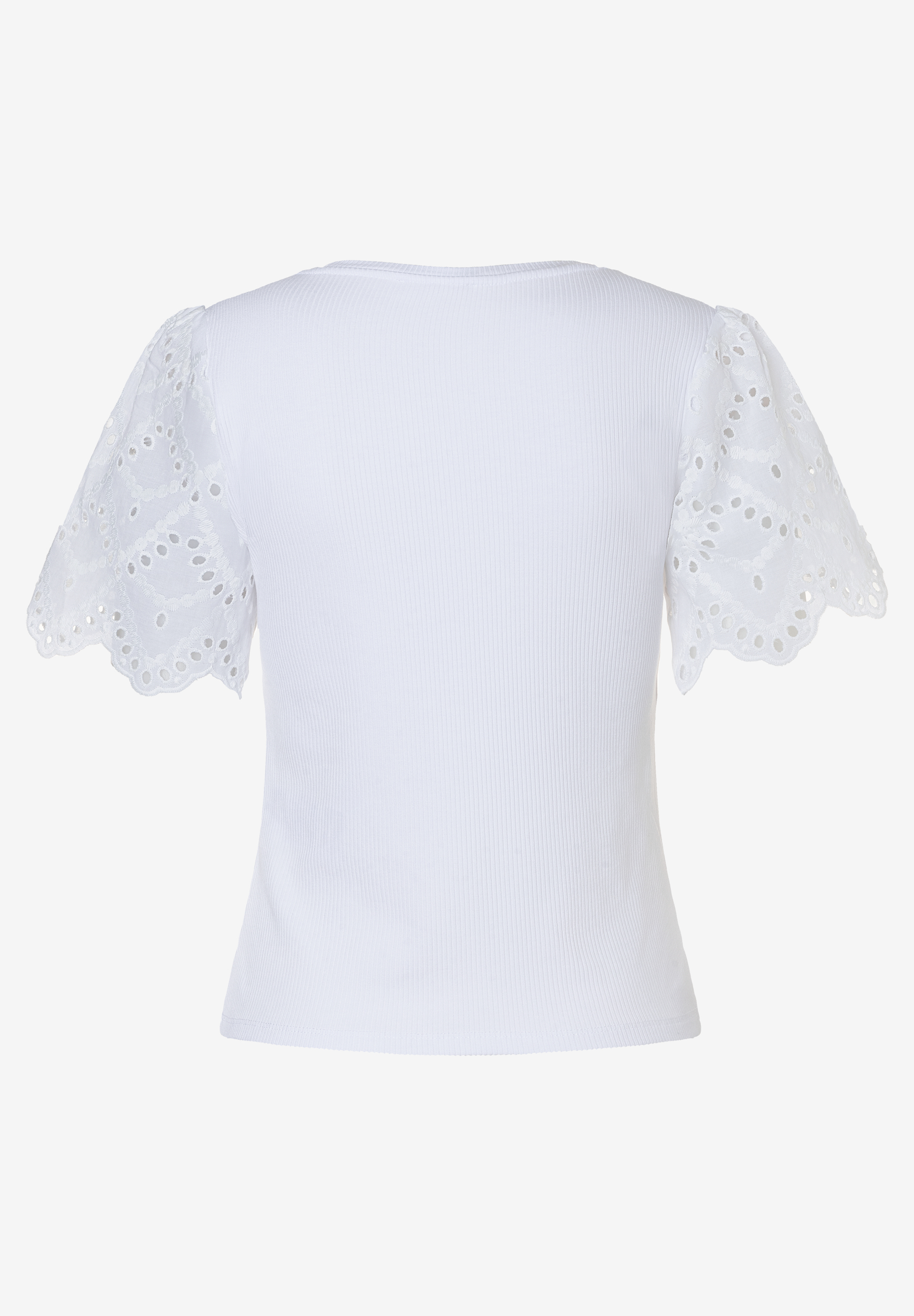 Ein geripptes, weißes MORE & MORE Oberteil mit dekorativen, durchbrochenen Ärmeln. Ein geripptes, weißes MORE & MORE Oberteil mit dekorativen, durchbrochenen Ärmeln.
