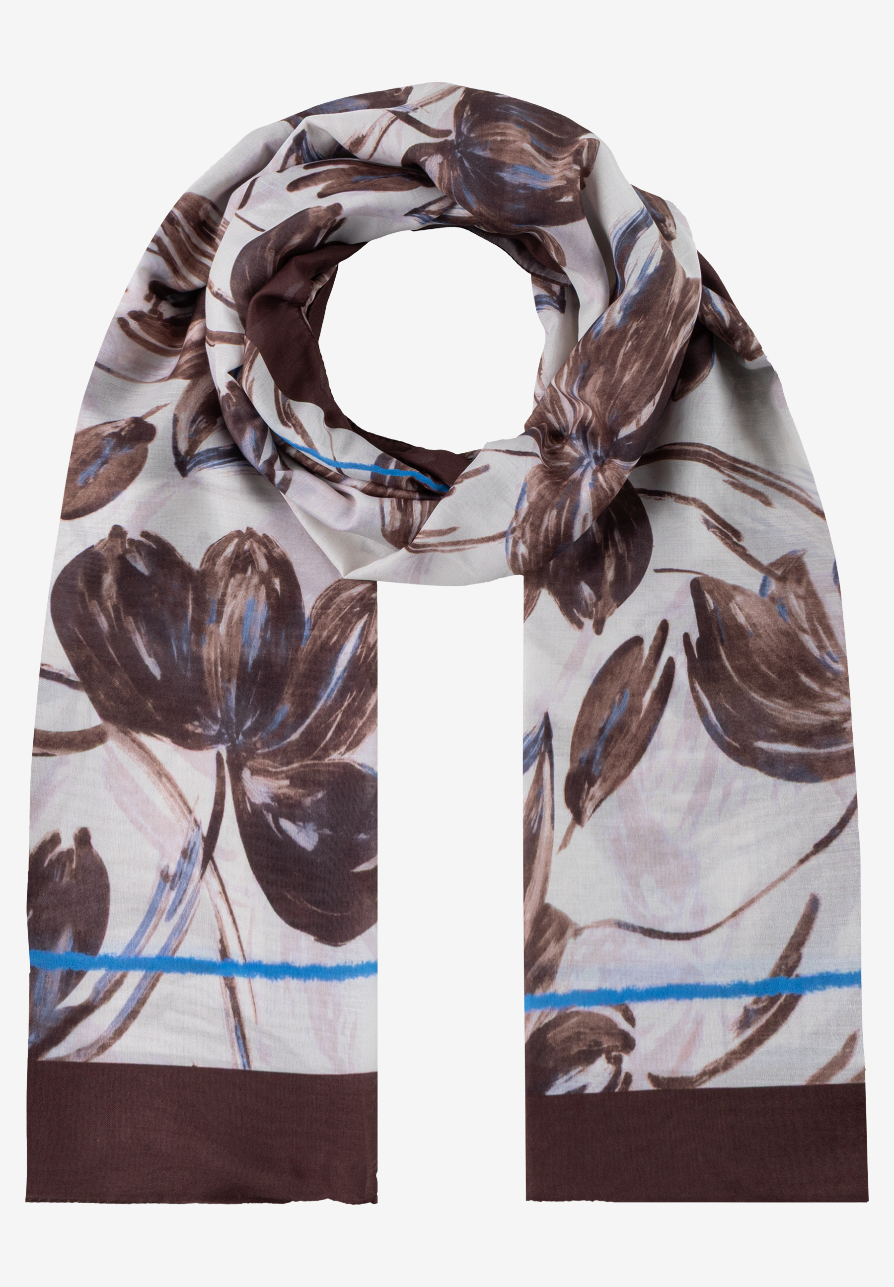 MORE & MORE Accessoire: Brauner Schal mit Blumenmuster und blauen Streifen auf weißem Hintergrund. MORE & MORE Accessoire: Brauner Schal mit Blumenmuster und blauen Streifen auf weißem Hintergrund.