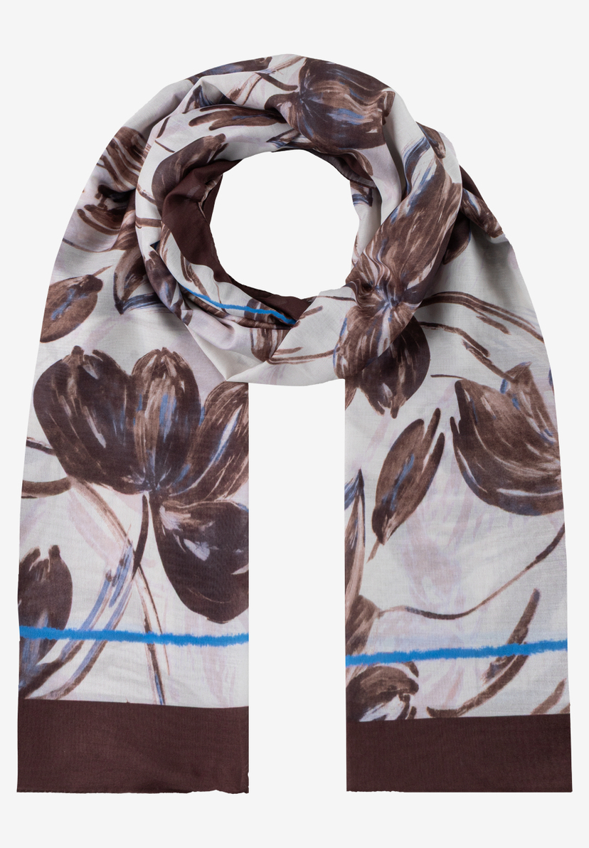 MORE & MORE Accessoire: Brauner Schal mit Blumenmuster und blauen Streifen auf weißem Hintergrund. MORE & MORE Accessoire: Brauner Schal mit Blumenmuster und blauen Streifen auf weißem Hintergrund.