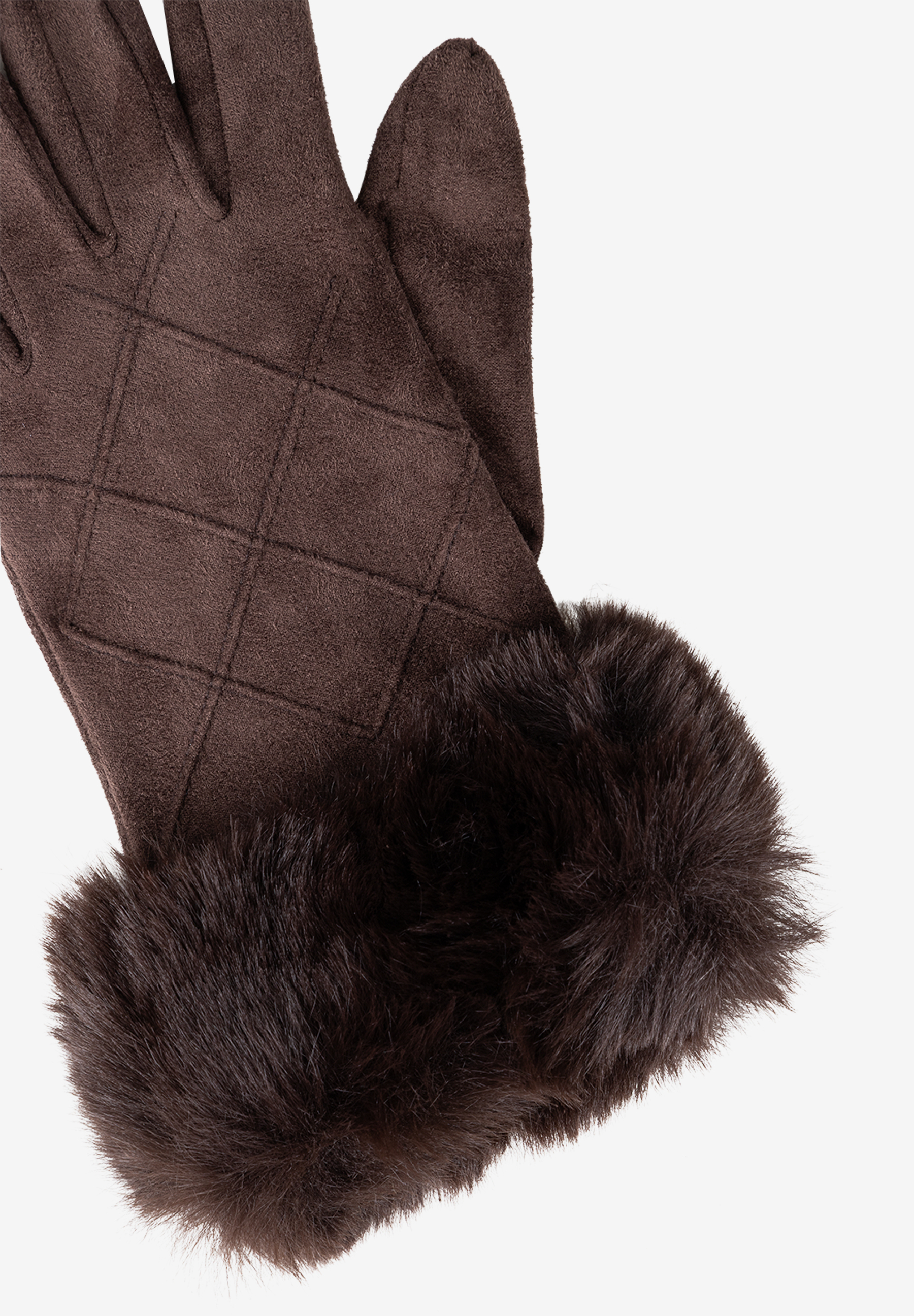 MORE & MORE Handschuhe aus braunem Wildlederimitat mit gestepptem Rautenmuster und flauschigem Kunstpelzbesatz. MORE & MORE Handschuhe aus braunem Wildlederimitat mit gestepptem Rautenmuster und flauschigem Kunstpelzbesatz.