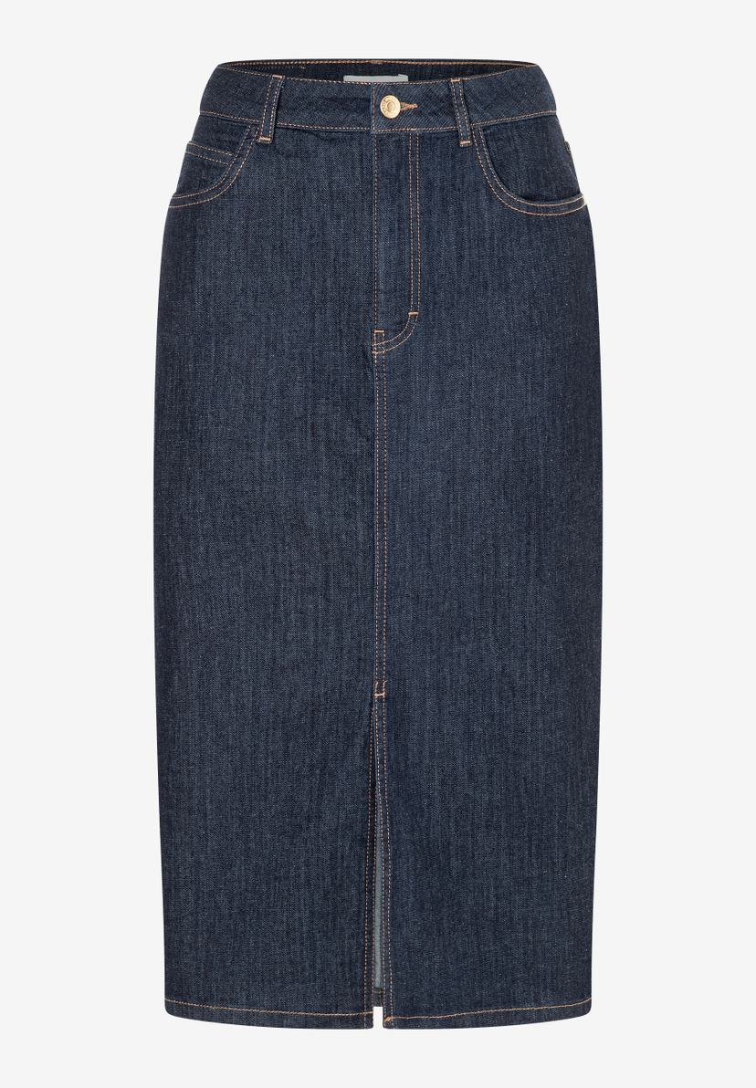 Ein blauer Jeansrock von MORE & MORE mit Schlitz und Ziernähten. Ein blauer Jeansrock von MORE & MORE mit Schlitz und Ziernähten.