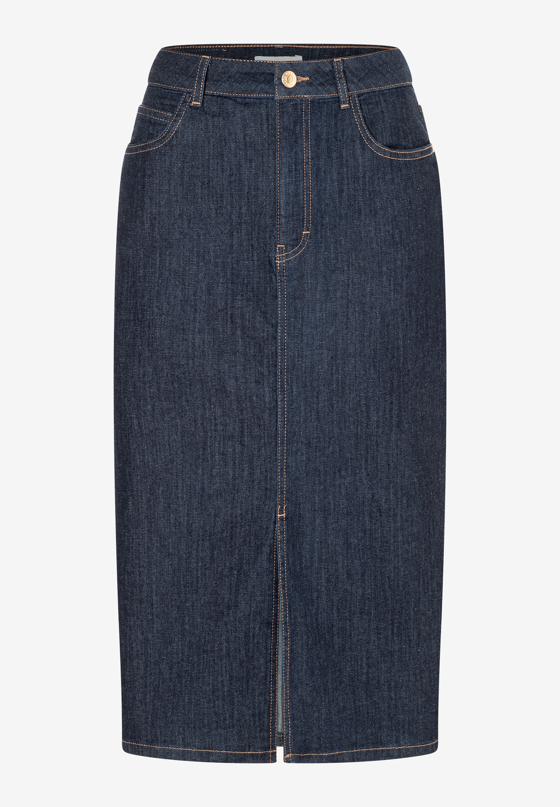 Ein blauer Jeansrock von MORE & MORE mit Schlitz und Ziernähten. Ein blauer Jeansrock von MORE & MORE mit Schlitz und Ziernähten.