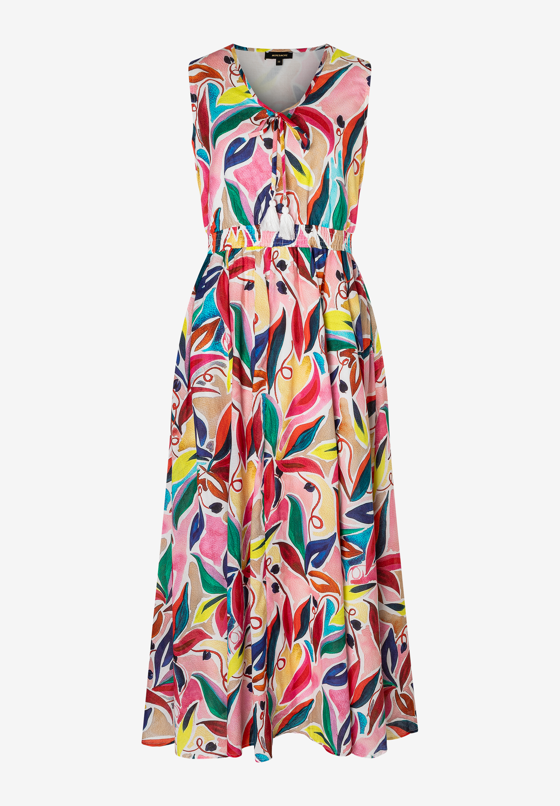 Ein ärmelloses, leichtes Kleid von MORE & MORE mit buntem Blätterdruck auf hellem Grund. Ein ärmelloses, leichtes Kleid von MORE & MORE mit buntem Blätterdruck auf hellem Grund.