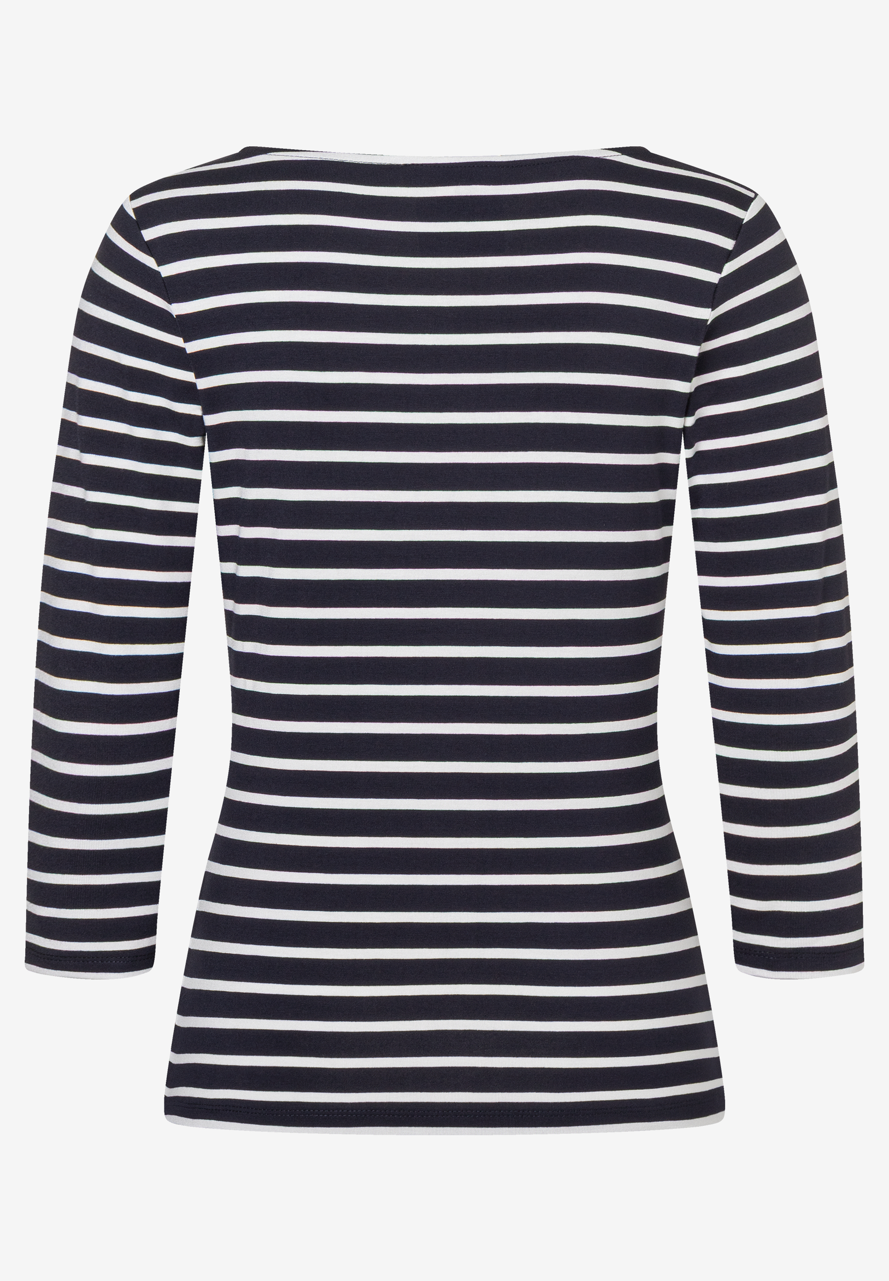 Ein MORE & MORE Jersey-Oberteil mit blau-weißen Streifen und Dreiviertelärmeln. Ein MORE & MORE Jersey-Oberteil mit blau-weißen Streifen und Dreiviertelärmeln.