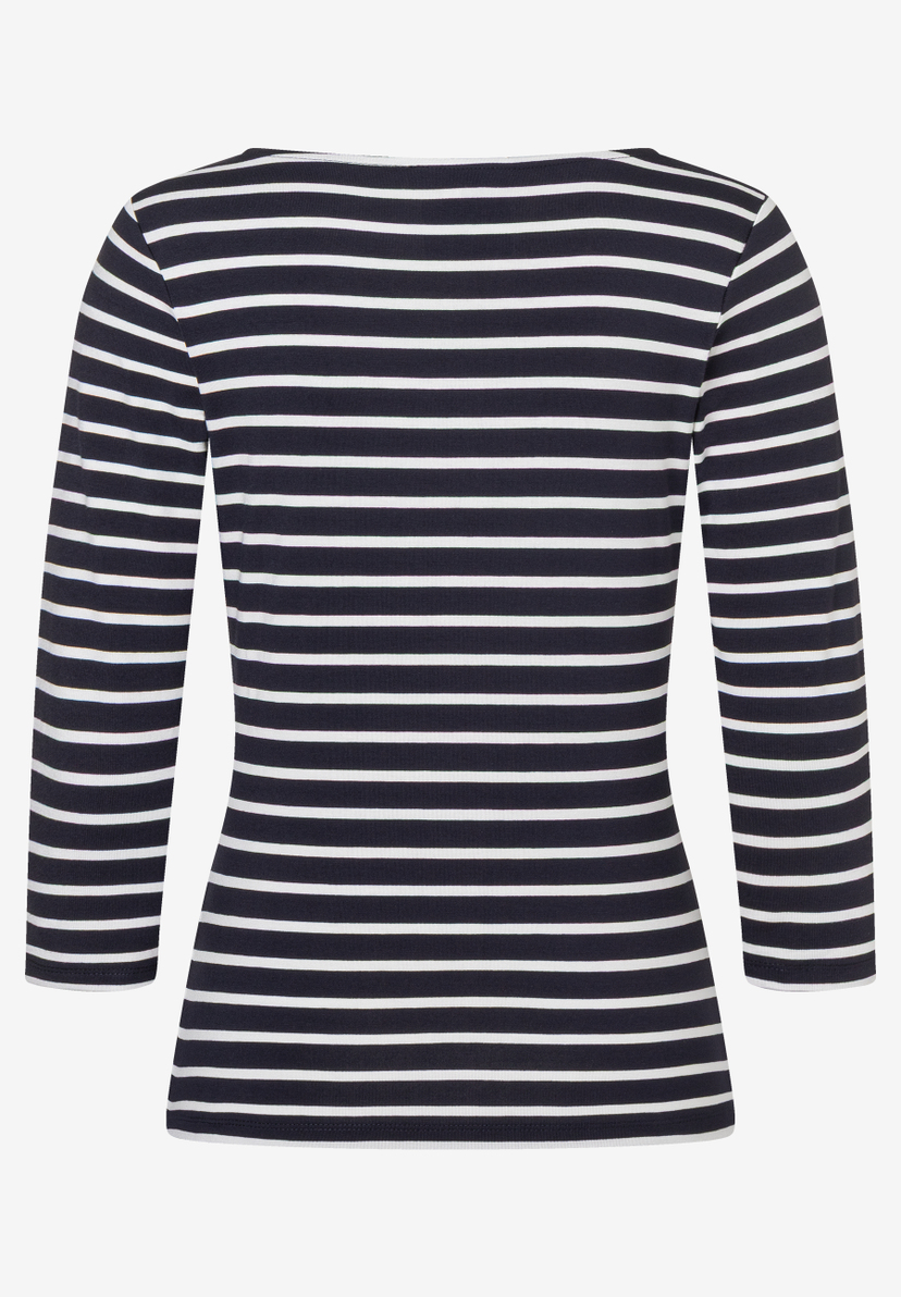 Ein MORE & MORE Jersey-Oberteil mit blau-weißen Streifen und Dreiviertelärmeln. Ein MORE & MORE Jersey-Oberteil mit blau-weißen Streifen und Dreiviertelärmeln.