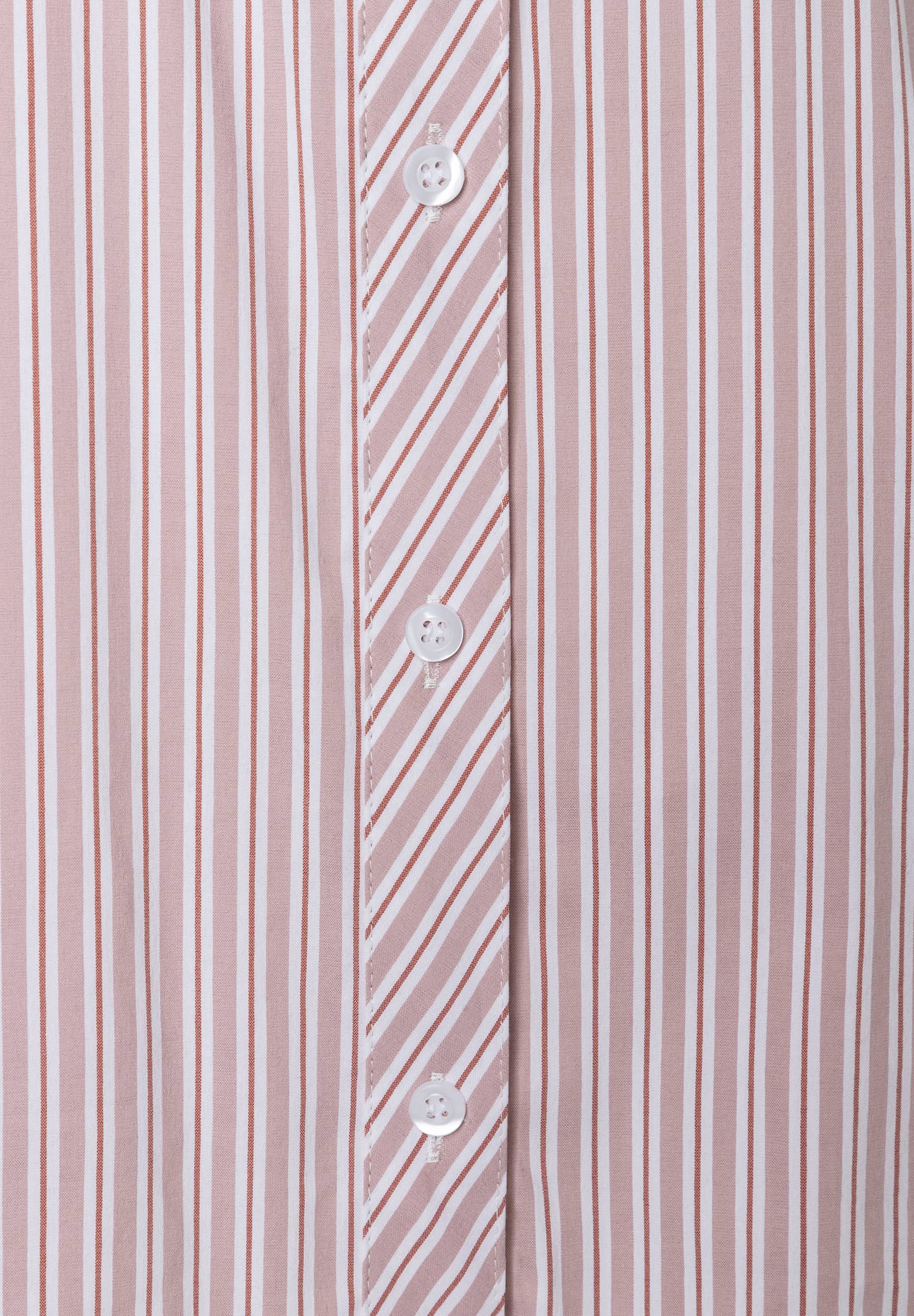 MORE & MORE Bluse: Hellbraune und weiße vertikale Streifen, Knopfleiste mit schrägen Streifen und weißen Knöpfen. MORE & MORE Bluse: Hellbraune und weiße vertikale Streifen, Knopfleiste mit schrägen Streifen und weißen Knöpfen.