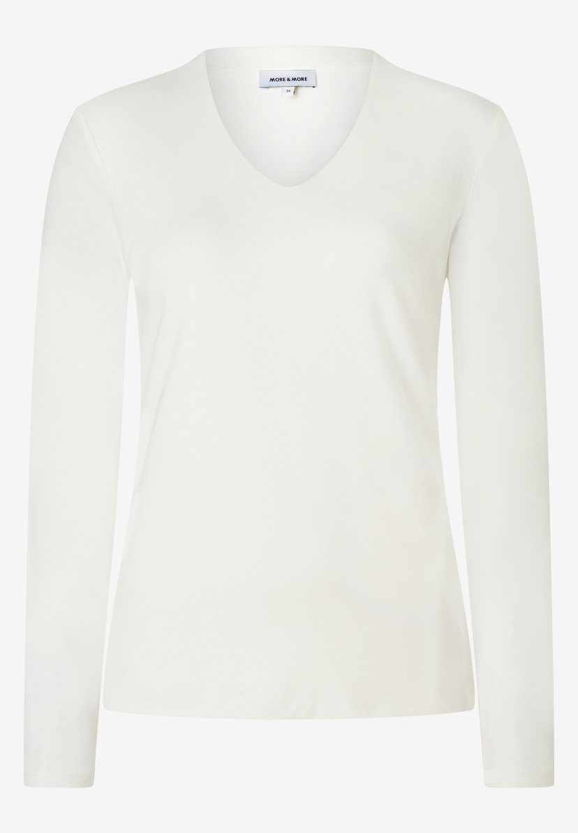 MORE & MORE V-Ausschnitt Langarm-T-Shirt in Off-White, schlicht & zeitlos. MORE & MORE V-Ausschnitt Langarm-T-Shirt in Off-White, schlicht & zeitlos.