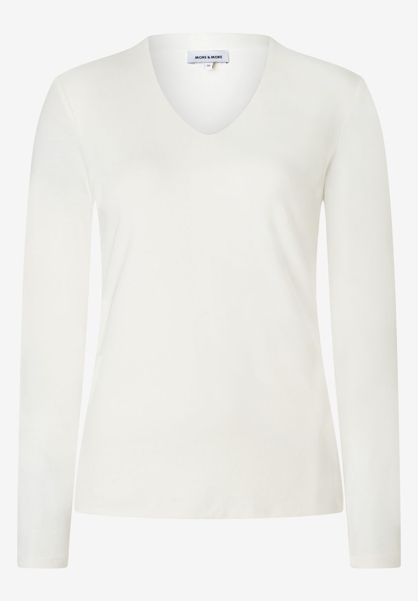 MORE & MORE Jersey-Oberteil in Creme, V-Ausschnitt, lange Ärmel, körperbetont. Elatischer, angenehmer Tragekomfort. MORE & MORE Jersey-Oberteil in Creme, V-Ausschnitt, lange Ärmel, körperbetont. Elatischer, angenehmer Tragekomfort.