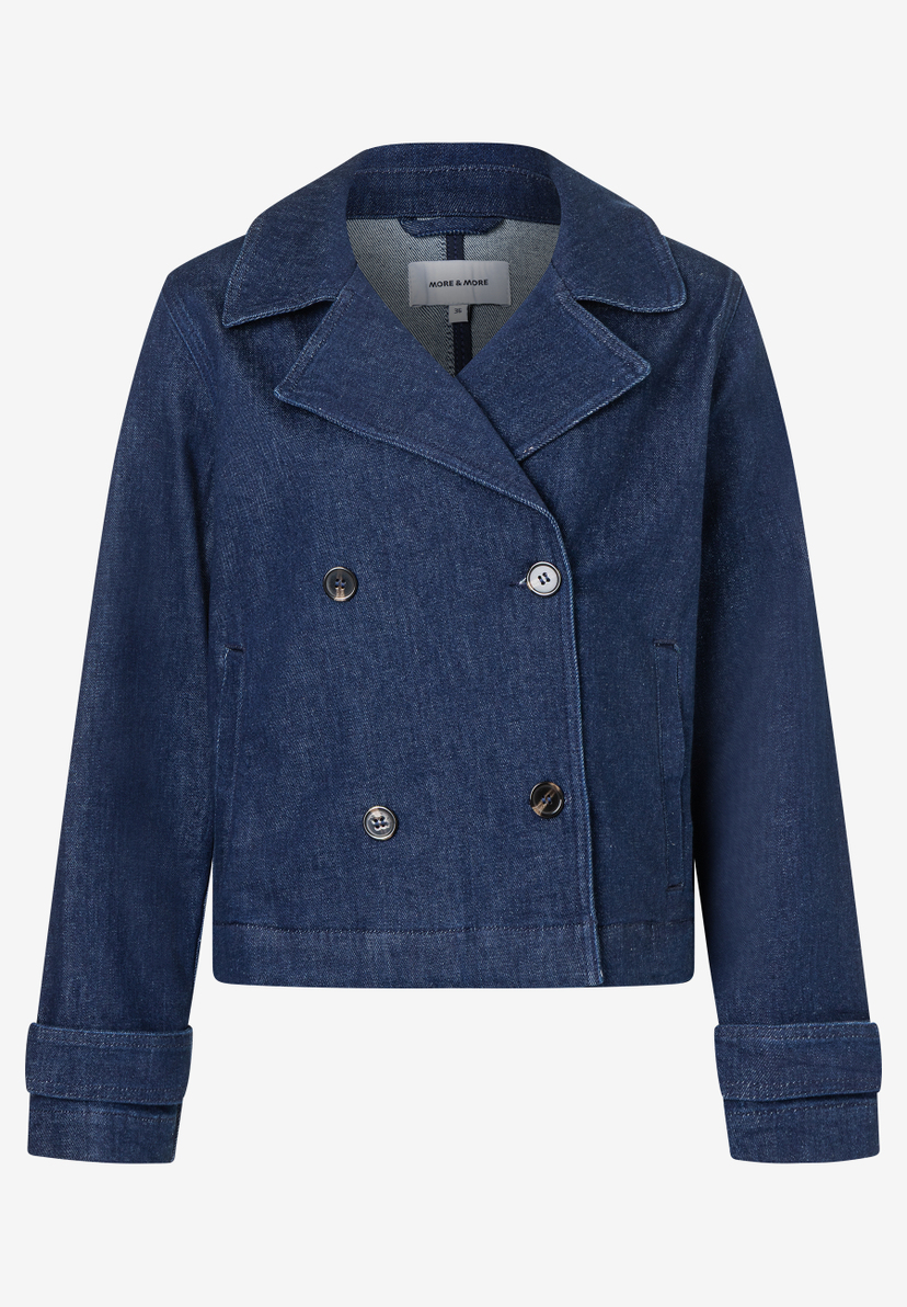 Eine dunkelblaue Jeansjacke von MORE & MORE, strapazierfähig und mit auffälligen Knöpfen. Eine dunkelblaue Jeansjacke von MORE & MORE, strapazierfähig und mit auffälligen Knöpfen.