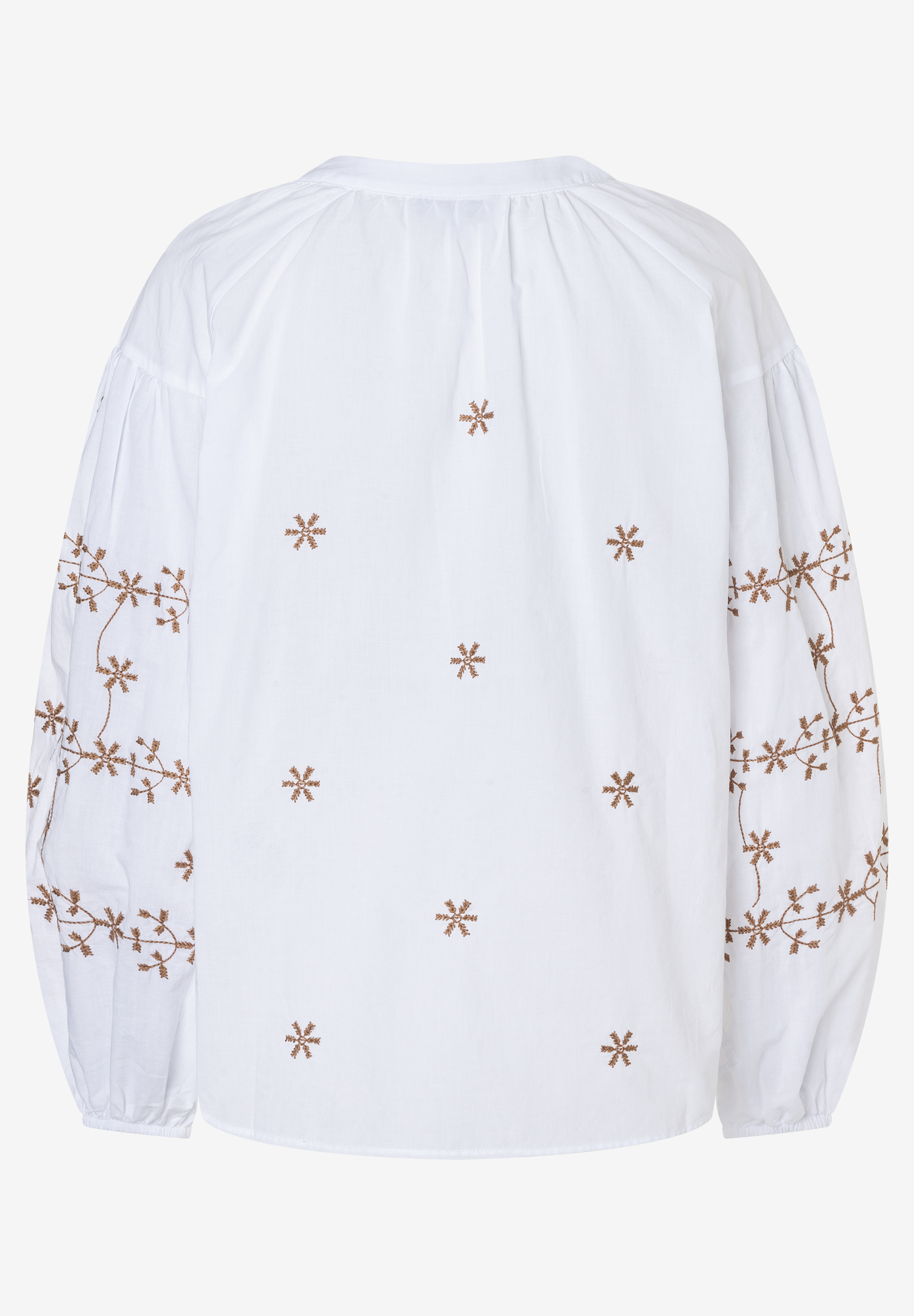 Rückansicht einer weißen MORE & MORE Bluse mit brauner Blumenstickerei an Ärmeln und Rumpf. Rückansicht einer weißen MORE & MORE Bluse mit brauner Blumenstickerei an Ärmeln und Rumpf.