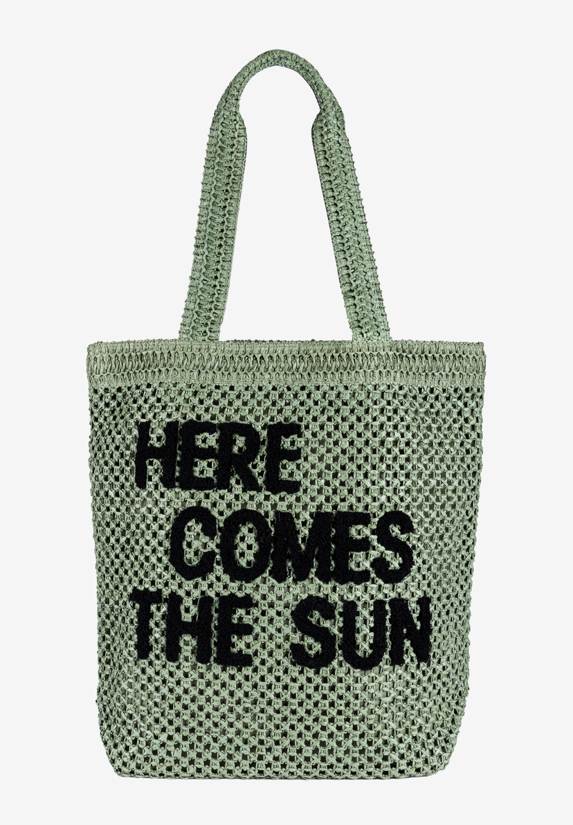 MORE & MORE Henkeltasche: Grüne Netztasche mit schwarzer Aufschrift "HERE COMES THE SUN", ideal für Sommer und Freizeit. MORE & MORE Henkeltasche: Grüne Netztasche mit schwarzer Aufschrift "HERE COMES THE SUN", ideal für Sommer und Freizeit.