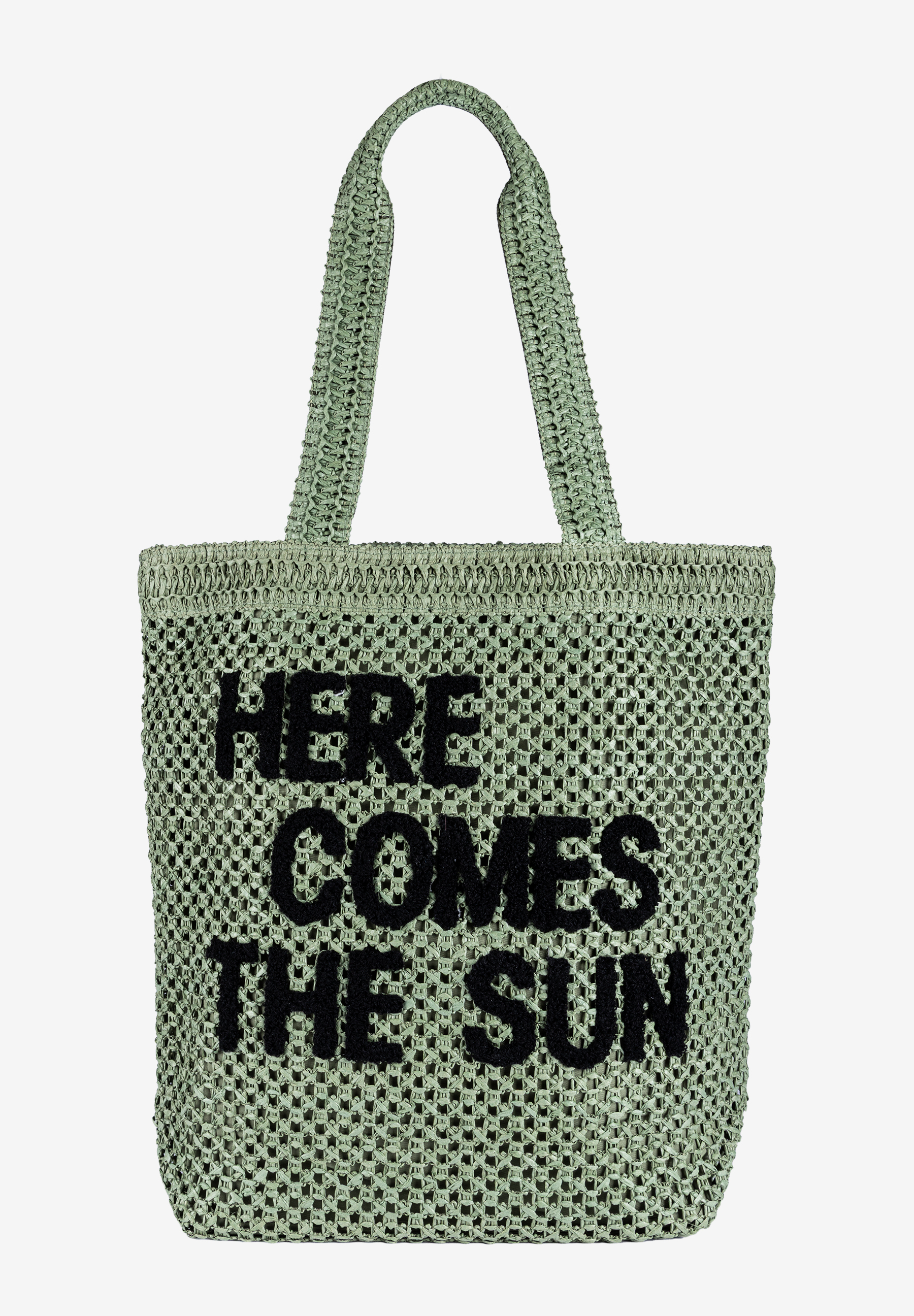 MORE & MORE Henkeltasche: Grüne Netztasche mit schwarzer Aufschrift "HERE COMES THE SUN", ideal für Sommer und Freizeit. MORE & MORE Henkeltasche: Grüne Netztasche mit schwarzer Aufschrift "HERE COMES THE SUN", ideal für Sommer und Freizeit.