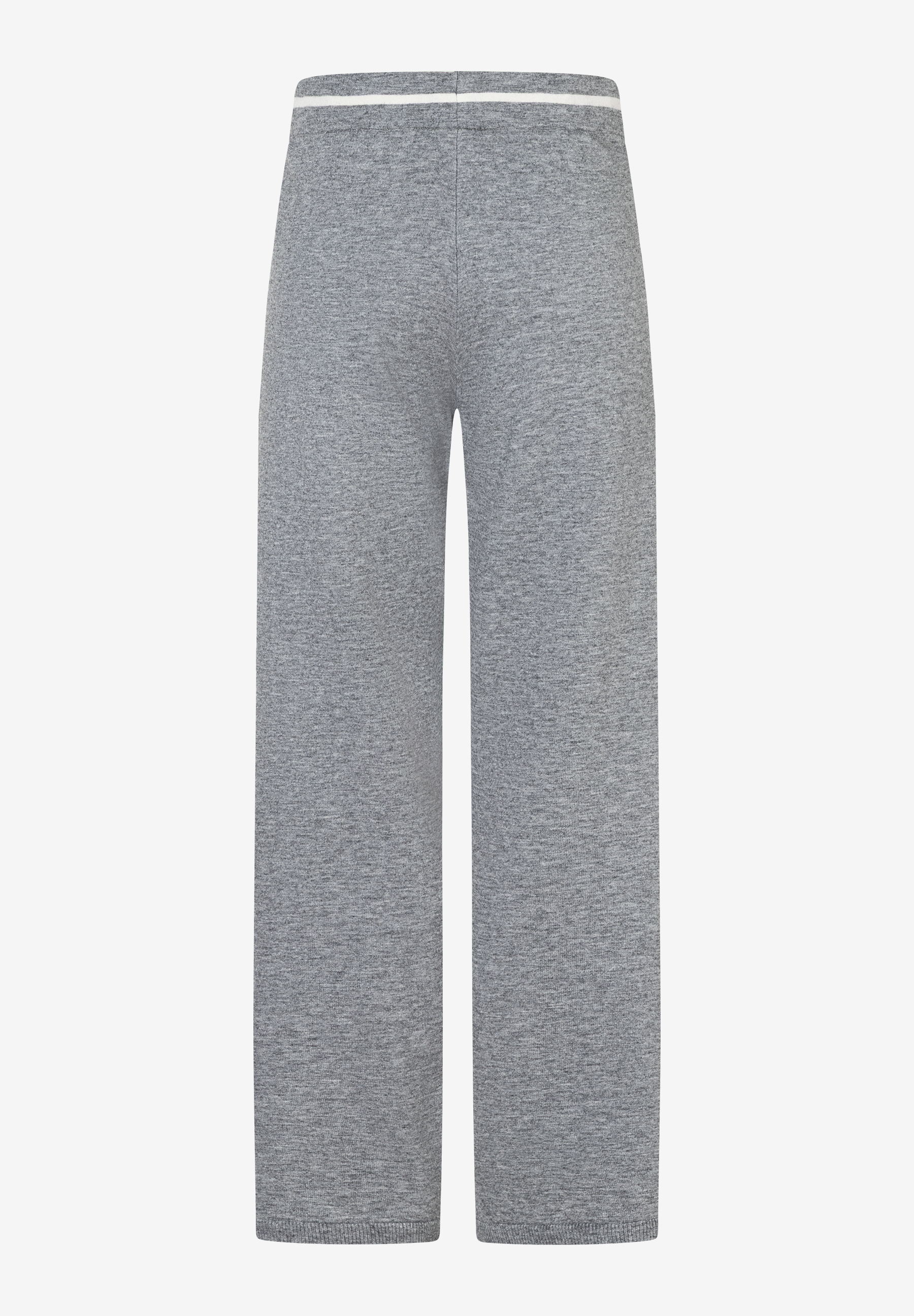 Eine graue, lange MORE & MORE Hose mit geradem Bein und weißem Bund, Feinstrick. Eine graue, lange MORE & MORE Hose mit geradem Bein und weißem Bund, Feinstrick.