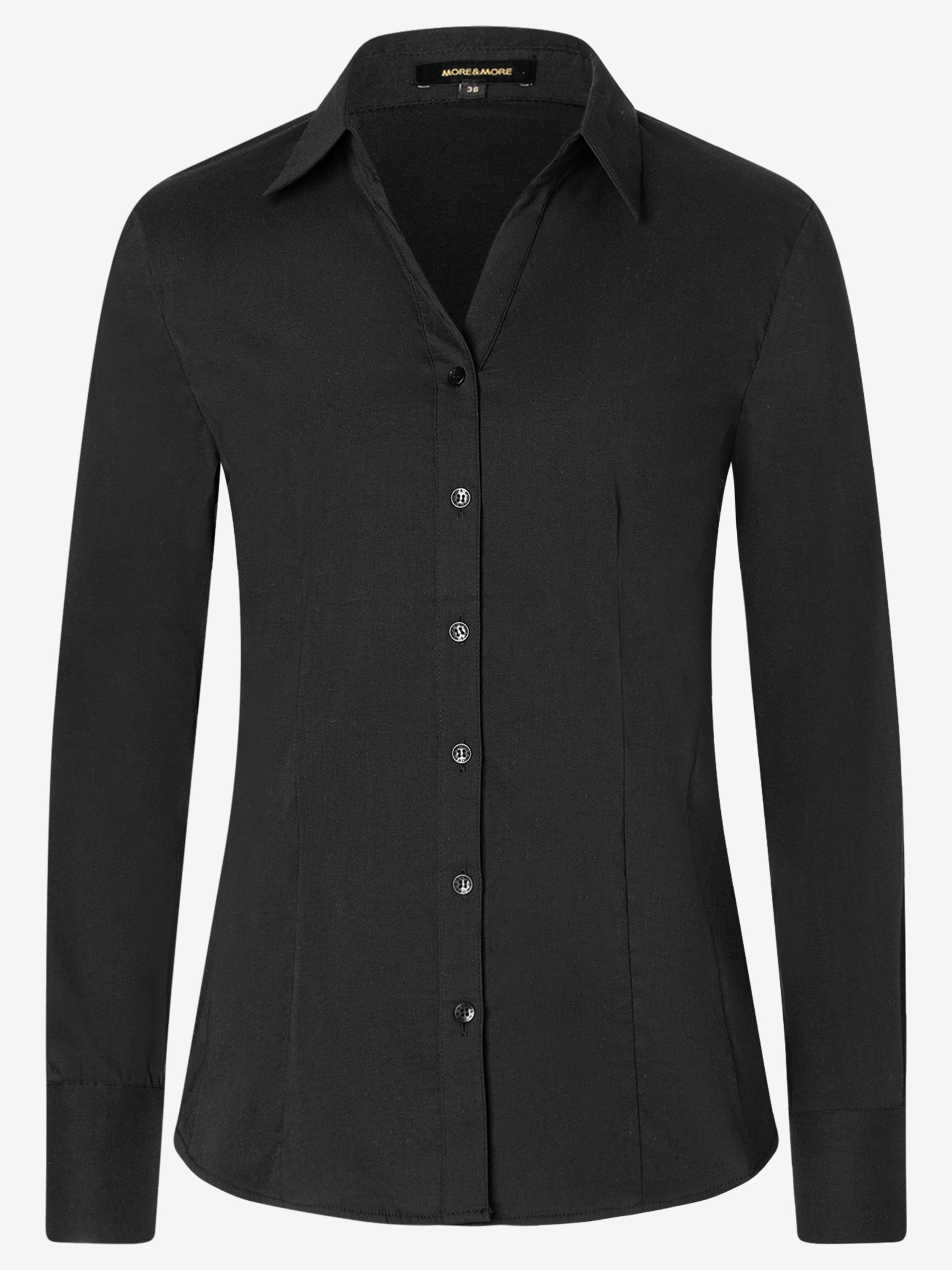 Schwarze Bluse mit Knöpfen und Kragen von MORE & MORE. Schwarze Bluse mit Knöpfen und Kragen von MORE & MORE.