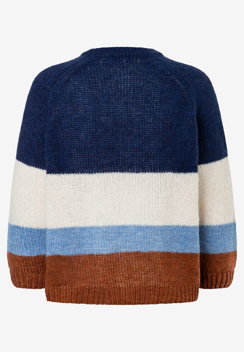 MORE & MORE Oberteil: Gestreifter Strickpullover in Marineblau, Creme, Hellblau und Braun, Rückansicht. MORE & MORE Oberteil: Gestreifter Strickpullover in Marineblau, Creme, Hellblau und Braun, Rückansicht.
