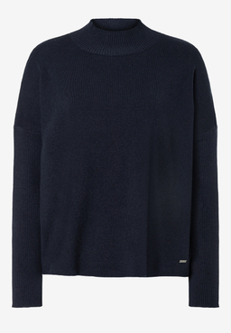 MORE & MORE Rippstrick-Pullover in Marineblau, mit Stehkragen und Rippbündchen an den Ärmeln und am Saum.