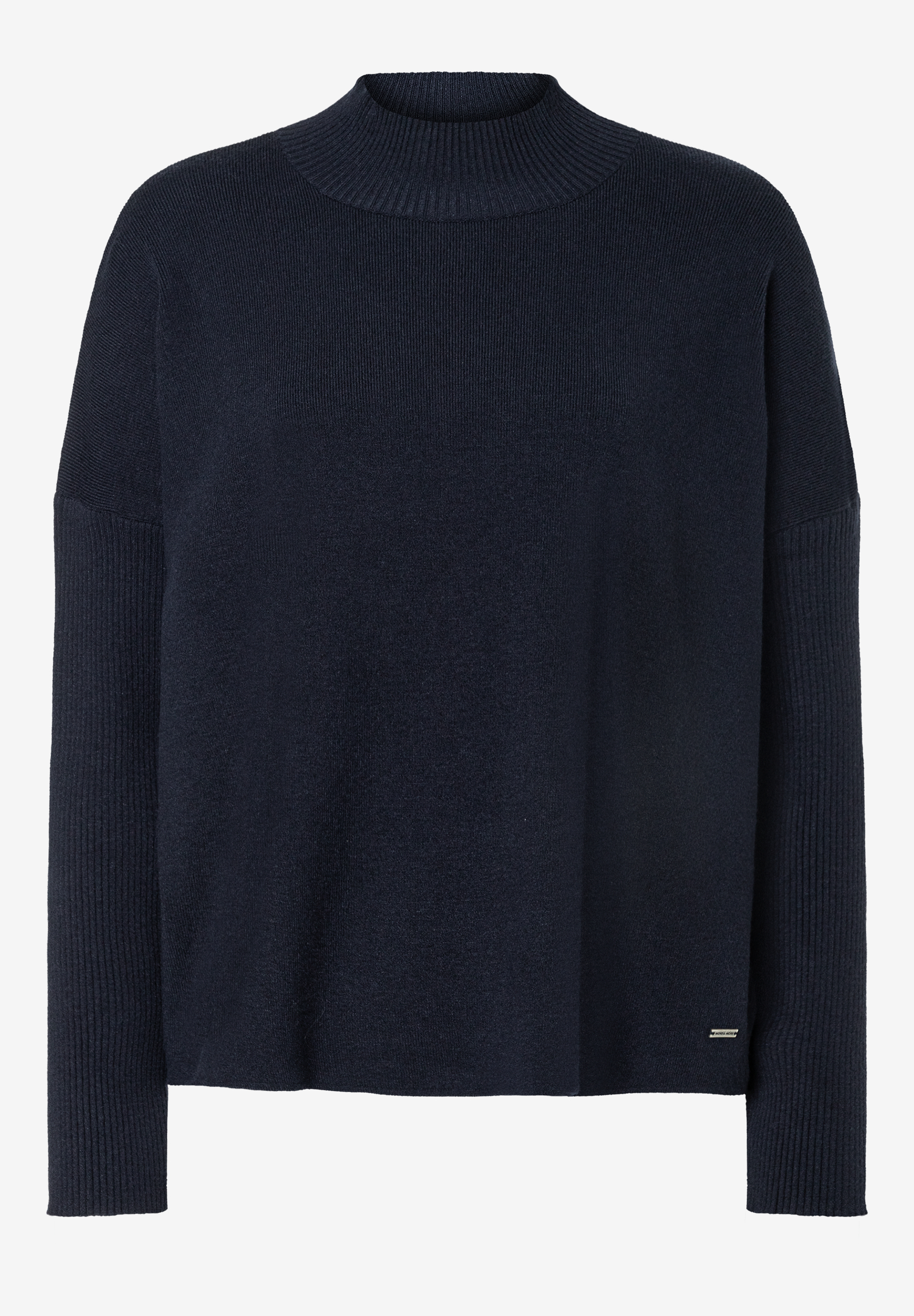 MORE & MORE Rippstrick-Pullover in Marineblau, mit Stehkragen und Rippbündchen an den Ärmeln und am Saum.
