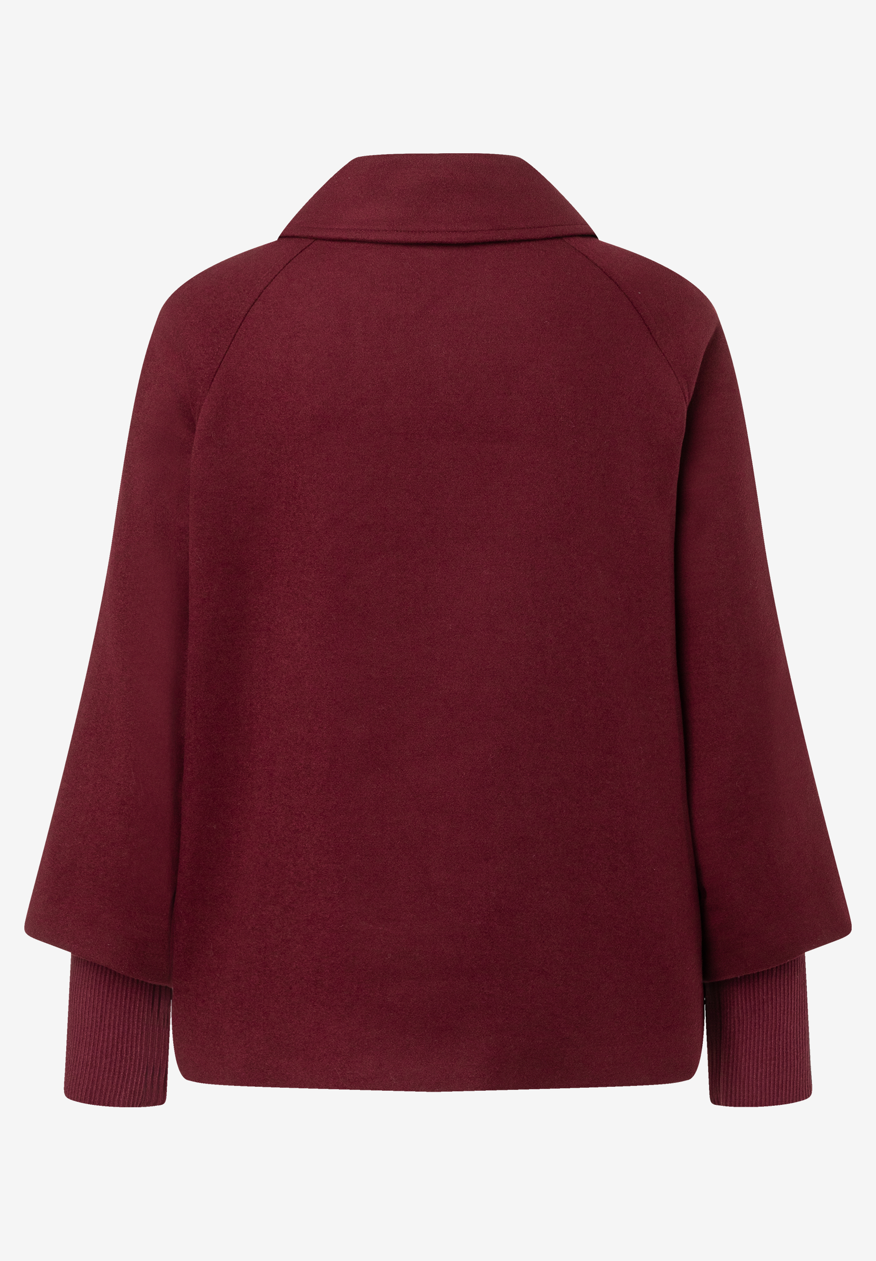 MORE & MORE Damen-Jacke in Burgunderrot. Kurz geschnitten, mit breitem Kragen und ausgestellten Ärmeln mit Rippbündchen.