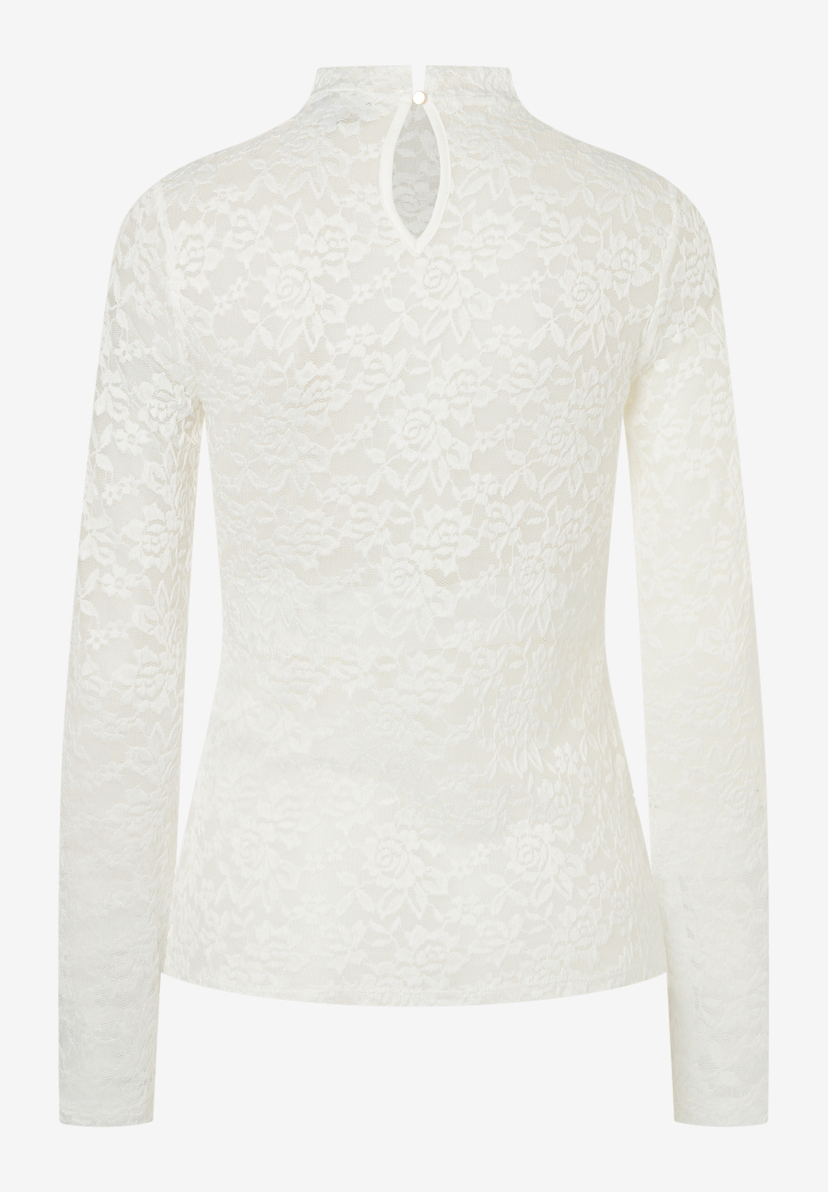 MORE & MORE Damen Spitzen-Top, langärmelig, elastisch, Stehkragen mit Schlitz und Knopfverschluss im Nacken. Cremefarben mit Blumenmuster.