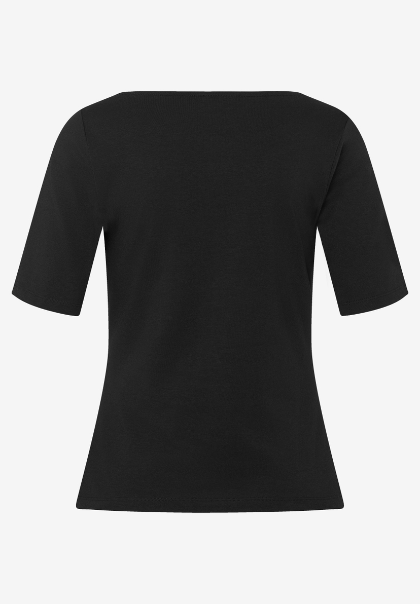 Ein schwarzes MORE & MORE Oberteil mit kurzen Ärmeln und einem geraden Ausschnitt.