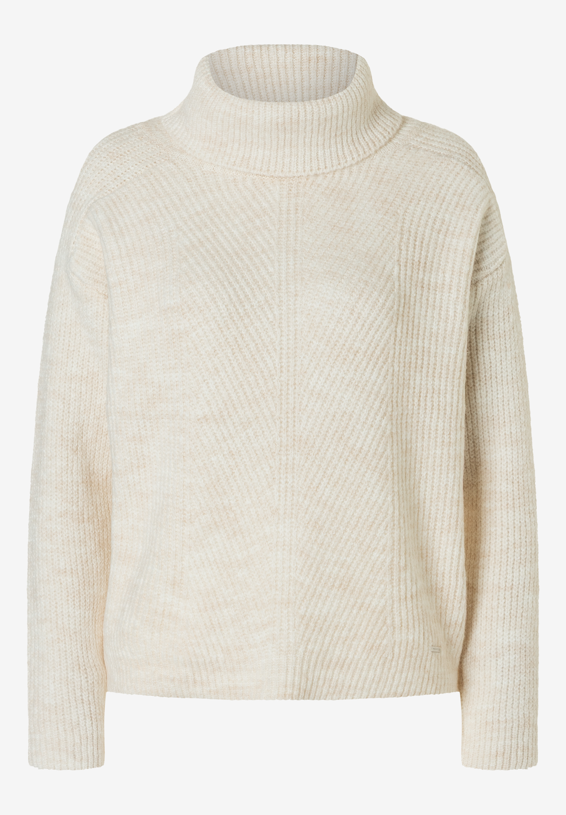 Ein Rippstrick-Oberteil von MORE & MORE mit hohem Kragen in hellem Beige. Ein Rippstrick-Oberteil von MORE & MORE mit hohem Kragen in hellem Beige.