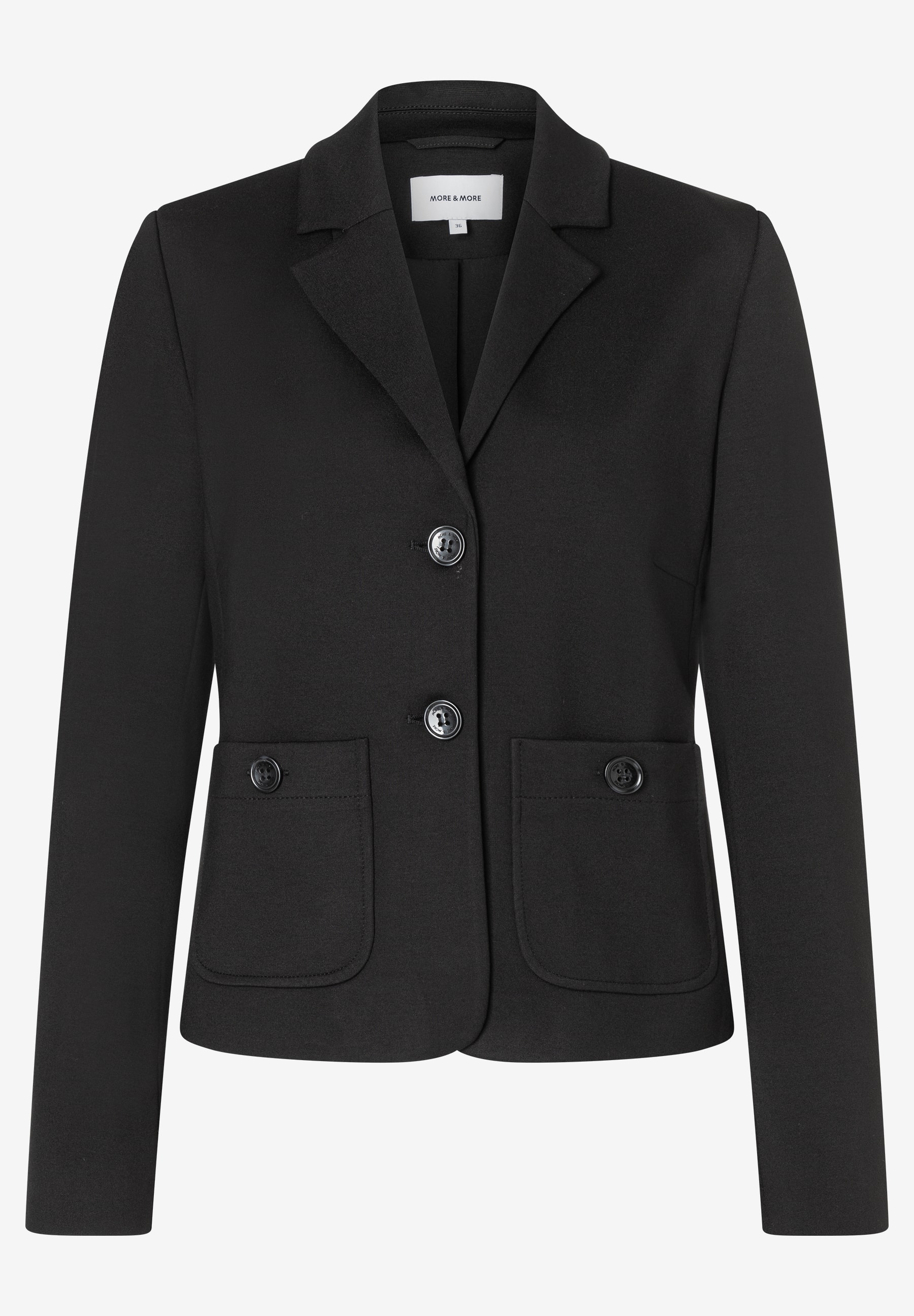 MORE & MORE Kurz-Blazer in Schwarz, mit zwei Knöpfen, Reverskragen und aufgesetzten Vordertaschen.