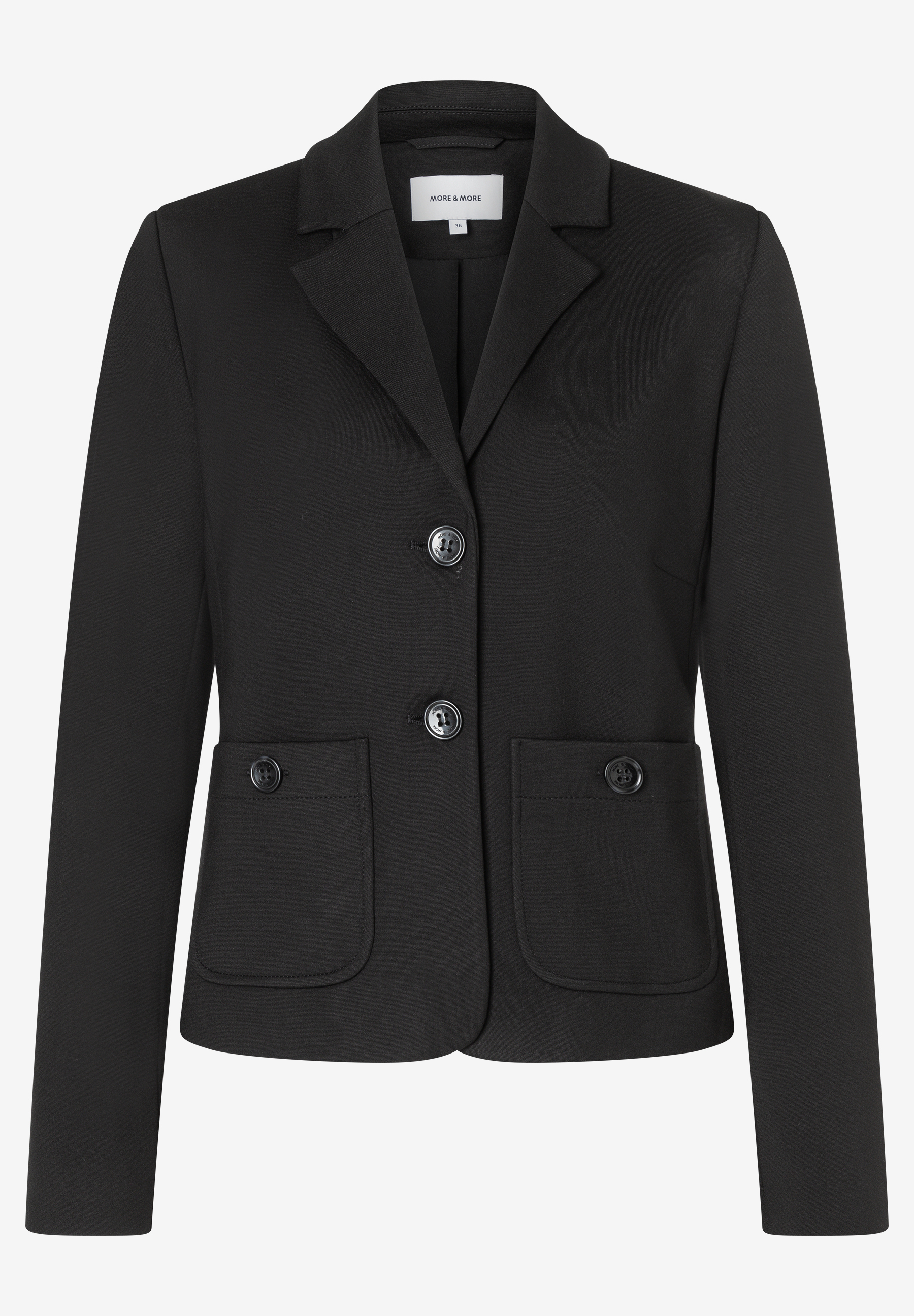 MORE & MORE Jersey-Blazer in Schwarz mit Reverskragen und aufgesetzten Pattentaschen. Angenehmer Tragekomfort, elastisch. MORE & MORE Jersey-Blazer in Schwarz mit Reverskragen und aufgesetzten Pattentaschen. Angenehmer Tragekomfort, elastisch.