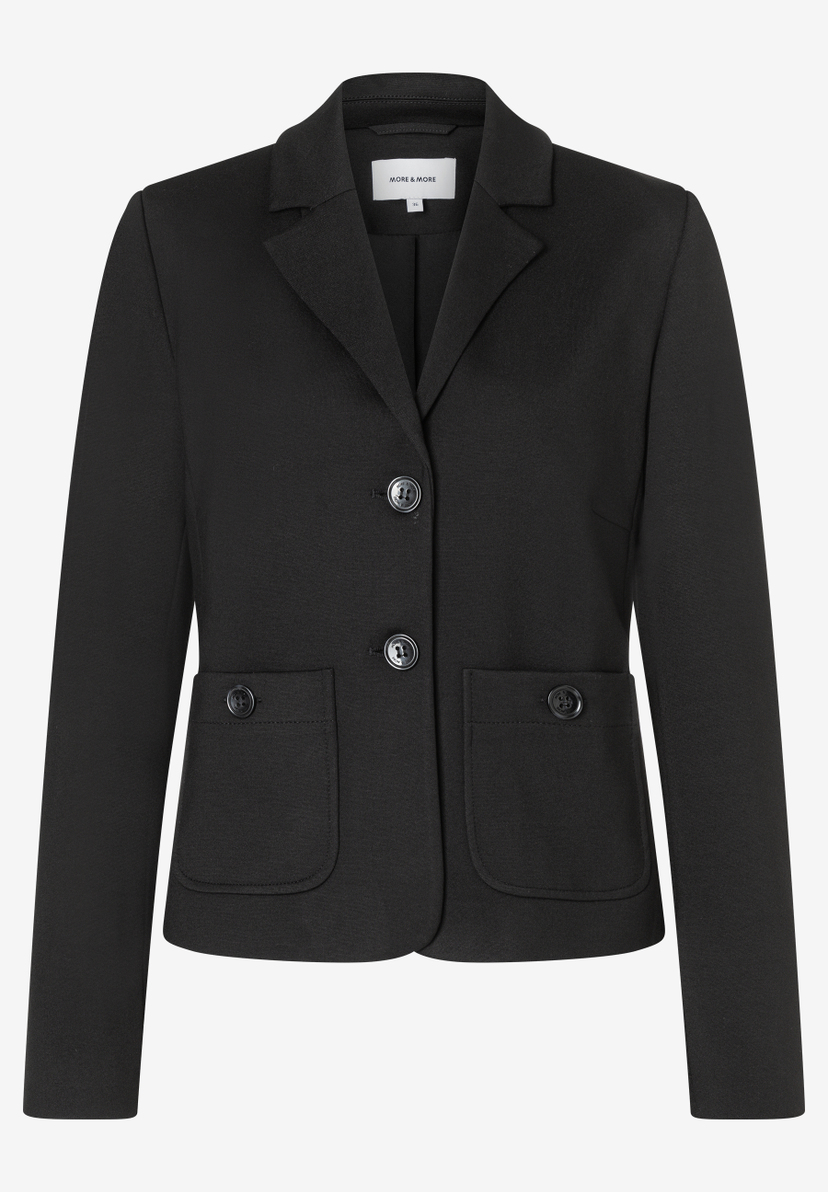 MORE & MORE Jersey-Blazer in Schwarz mit Reverskragen und aufgesetzten Pattentaschen. Angenehmer Tragekomfort, elastisch. MORE & MORE Jersey-Blazer in Schwarz mit Reverskragen und aufgesetzten Pattentaschen. Angenehmer Tragekomfort, elastisch.