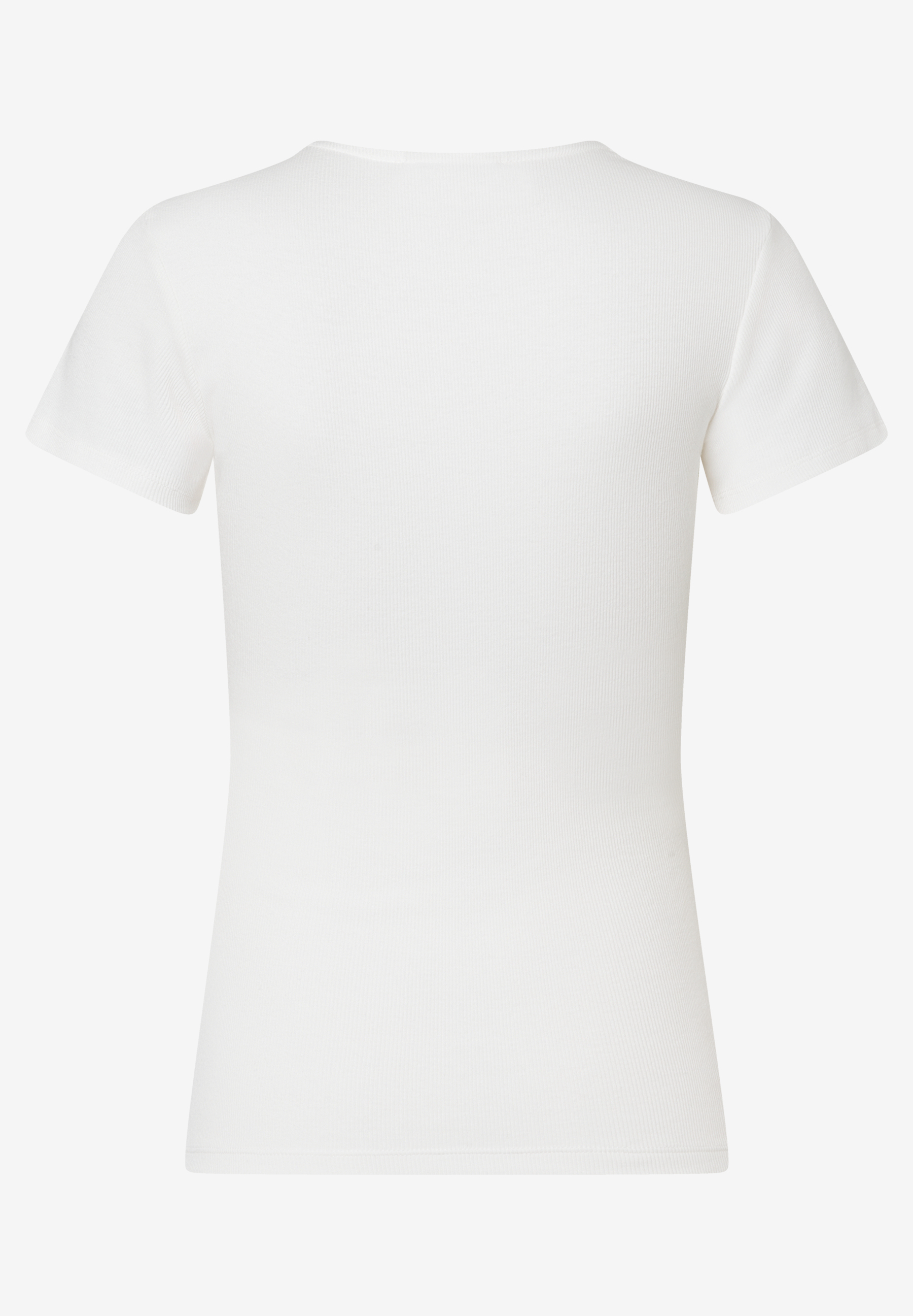 Ein geripptes, weißes MORE & MORE T-Shirt mit kurzen Ärmeln, das eng am Körper anliegt. Ein geripptes, weißes MORE & MORE T-Shirt mit kurzen Ärmeln, das eng am Körper anliegt.